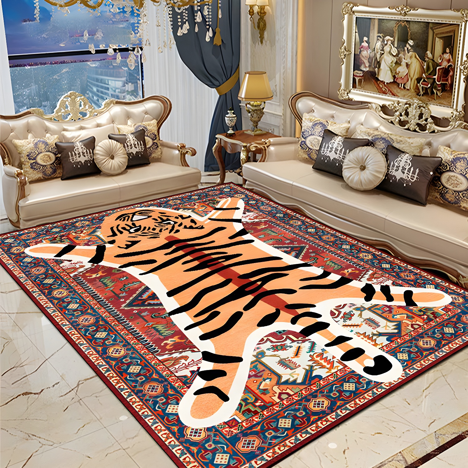Contemporary Tiger Striped Carpet Polyester Indoor Rug Non-Slip Backing Area Carpet for Living Room