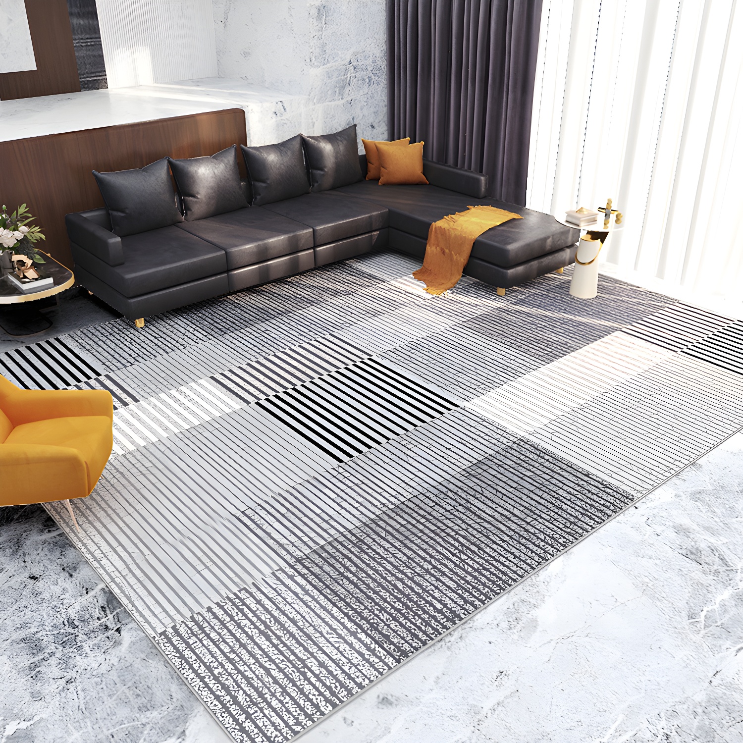 Black Modern Rug Polyester Stripe Rug Non-Slip Backing Rug for Home Decor