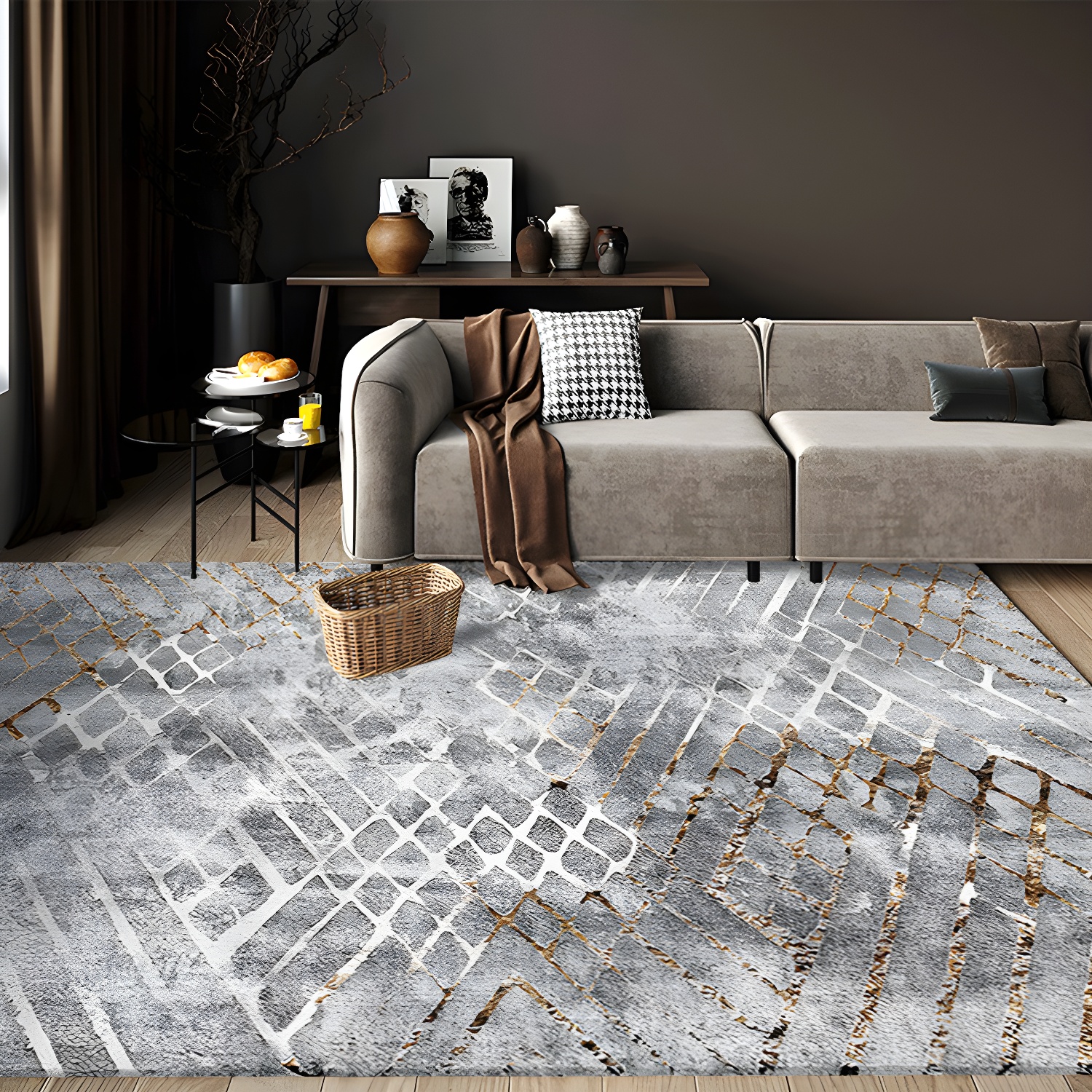 Gold Industrial Rug Polyester Graphic Rug Washable Area Rug for Home Decor