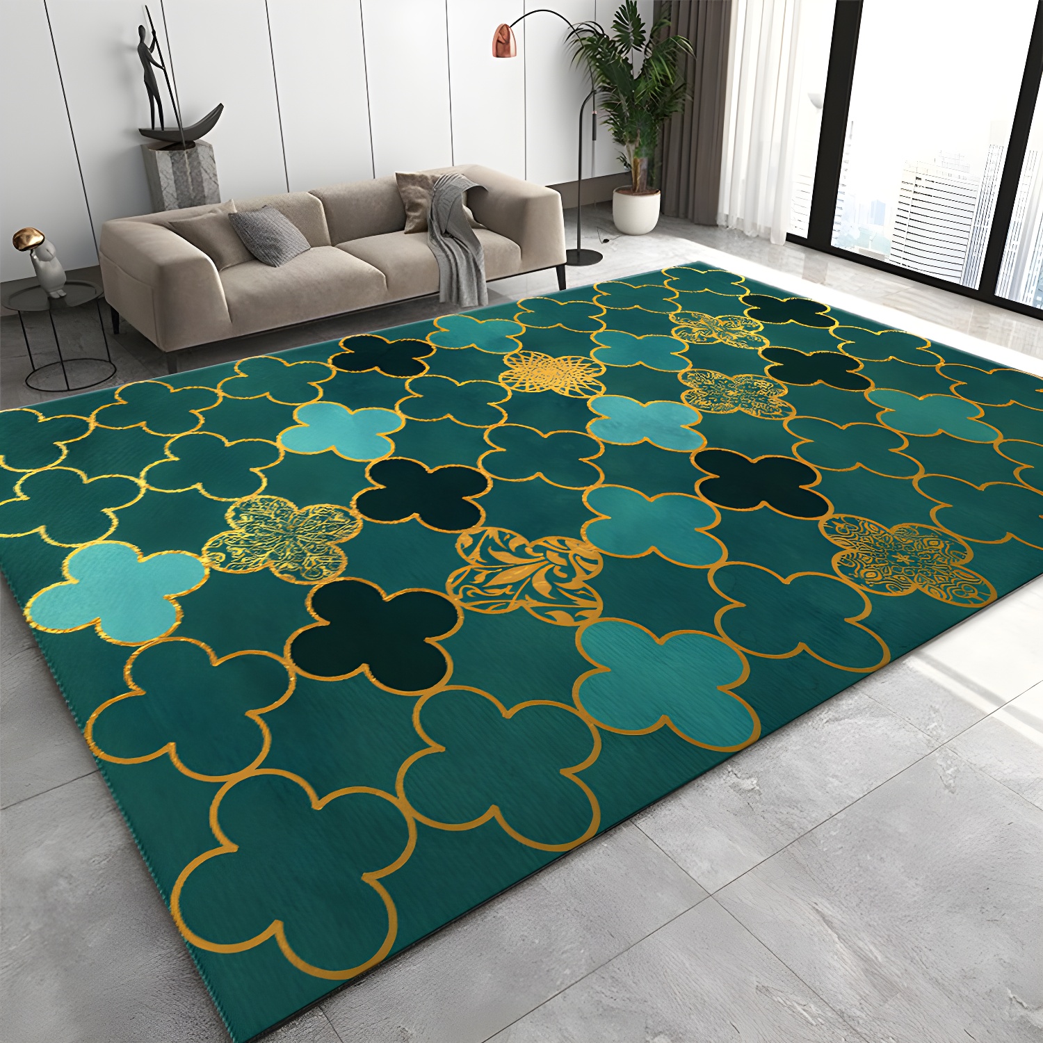 Gray Modern Rug Polyester Geometric Print Rug Non-Slip Backing Rug for Living Room