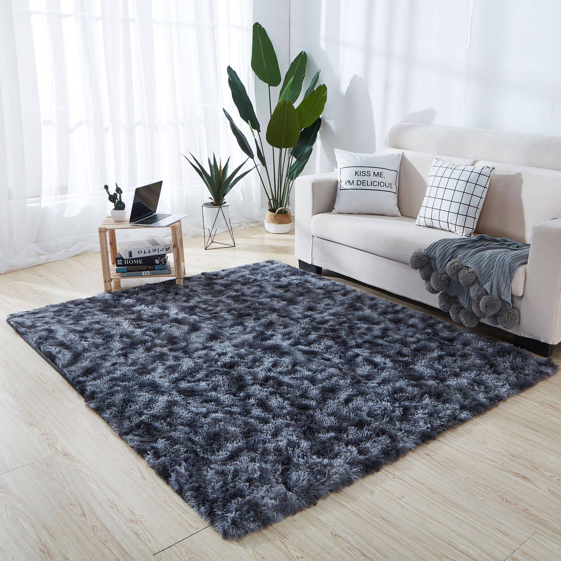 Minimalist Living Room Rug Simple Tie Dye Print Carpet Polyester Shag Rug with Non-Slip Backing