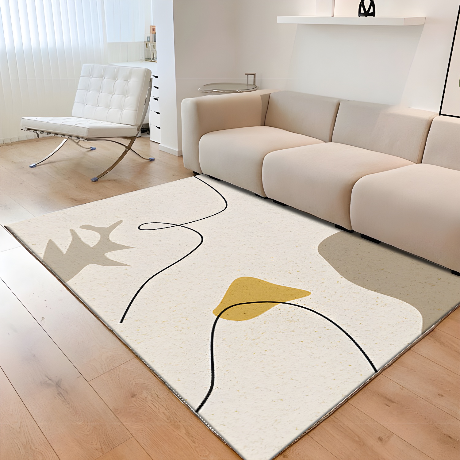 Black Simple Rug Polyester Abstract Line Rug Non-Slip Backing Rug for Home Decor