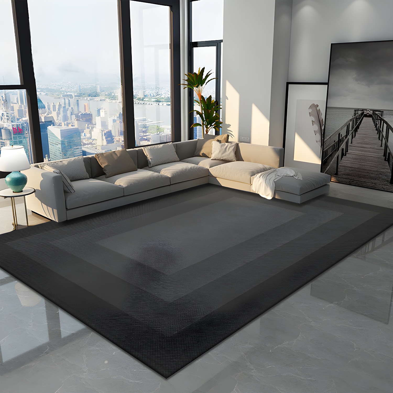 Black Modern Rug Blending Gradient Rug Non-Slip Backing Rug for Living Room