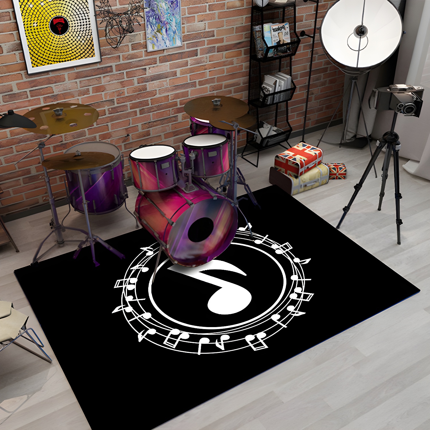Black Modern Rug Polyester Drums Rug Non-Slip Backing Rug for Drawing Room