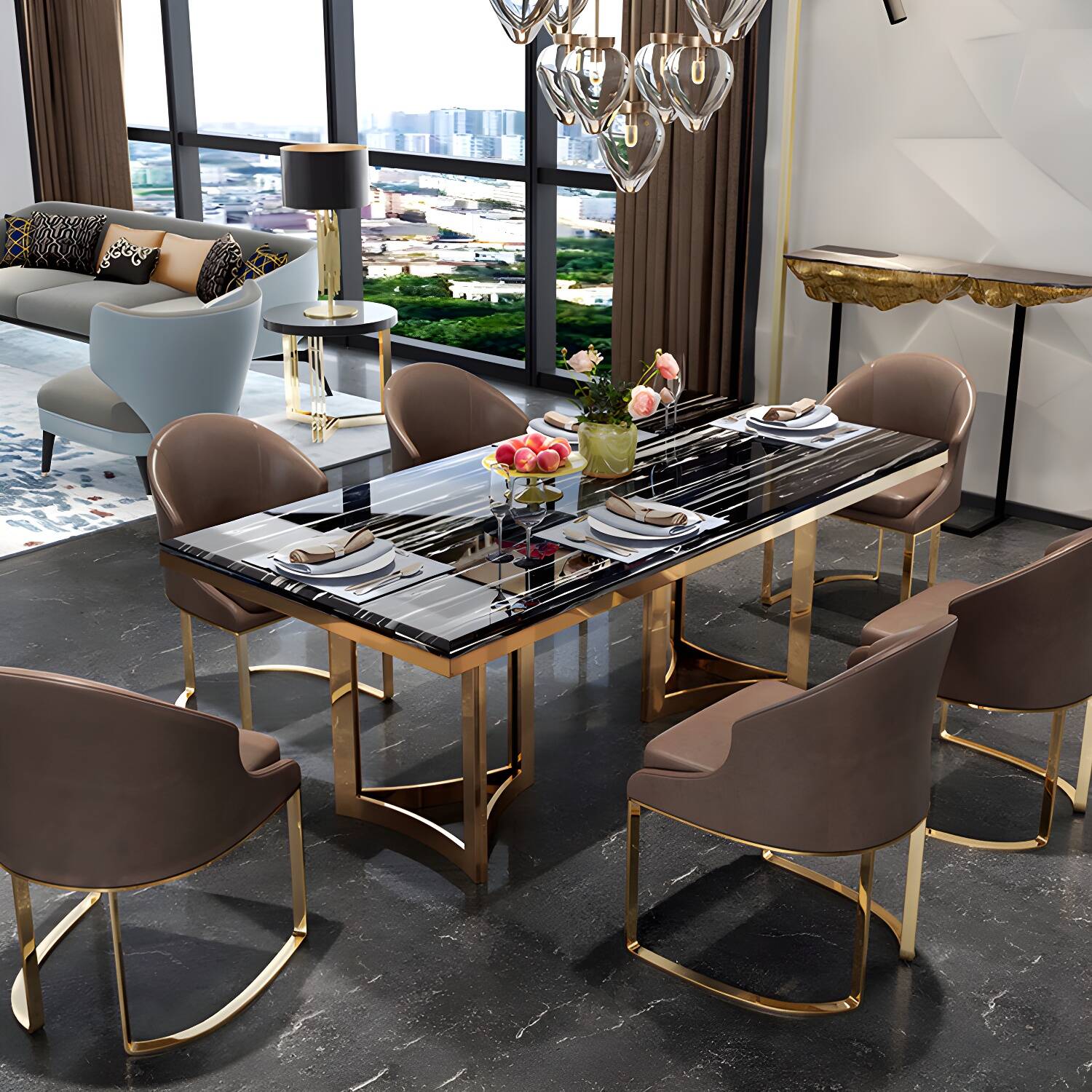 Traditional Luxury Dining Table Rectangle Double Pedestal Table with Gold Frame