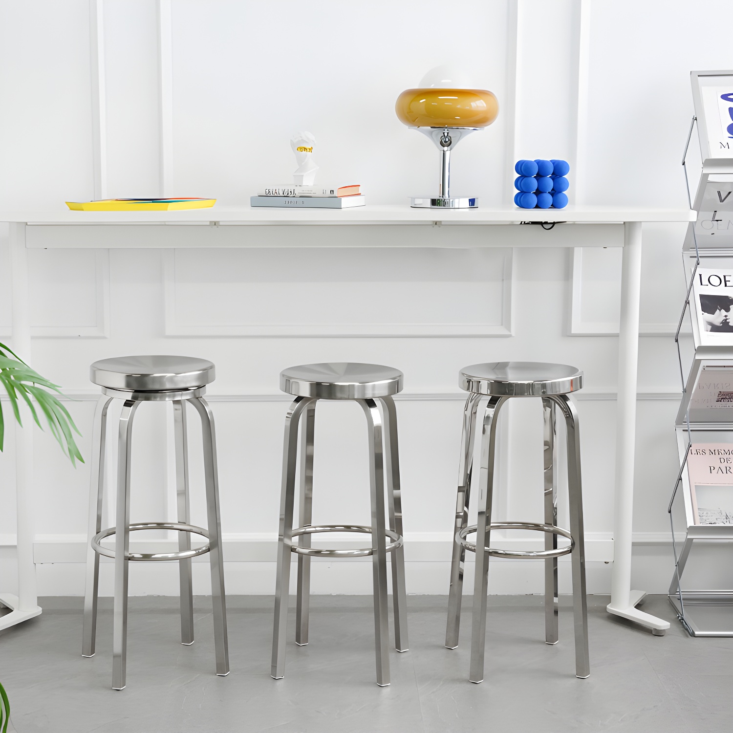 Glossy Backless Barstool Brushed Stainless Steel Industrial Indoor Tall Stool 1 Piece