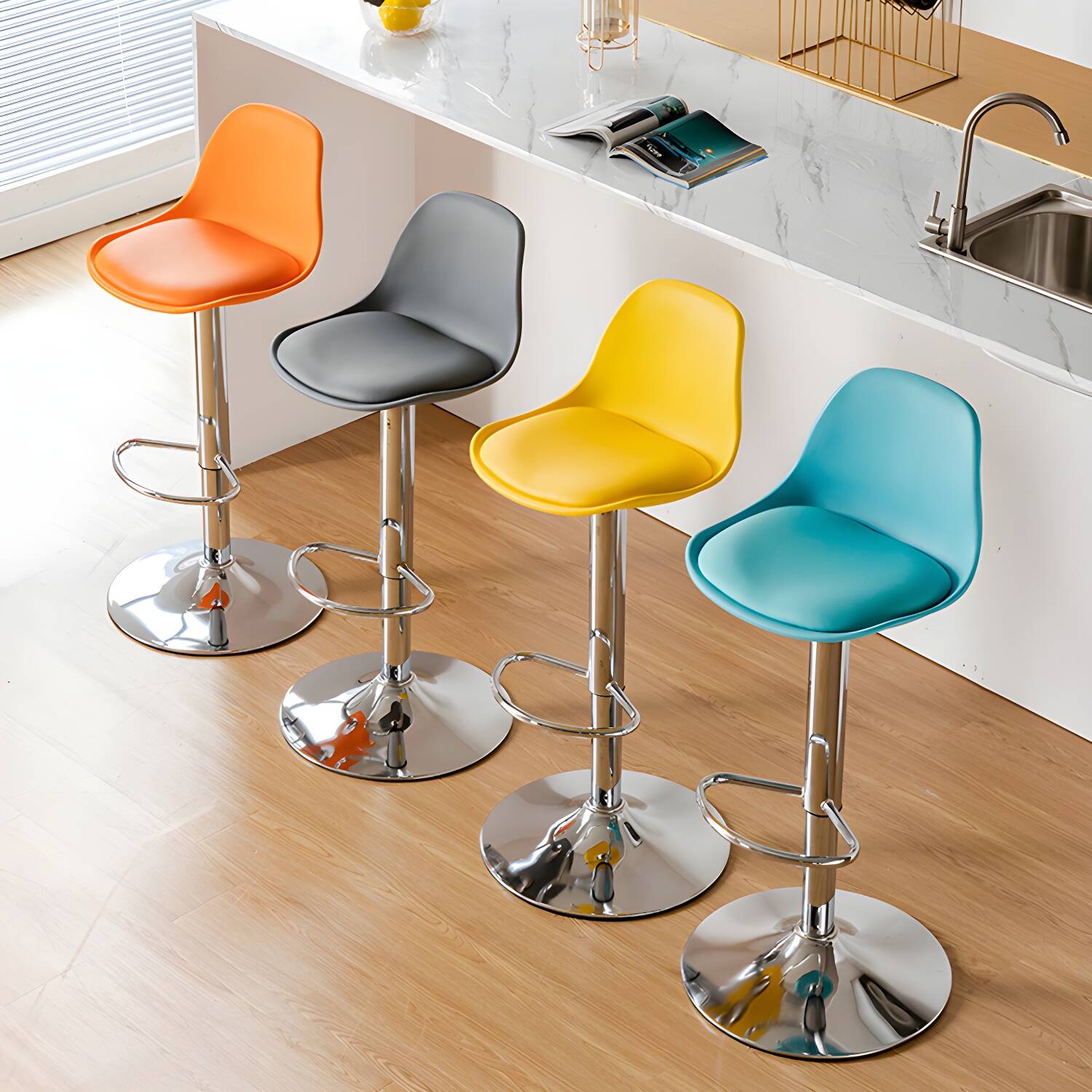 Scandinavian Adjustable Height Counter Stools Metal Leather Swivel Low Back Bar Stools