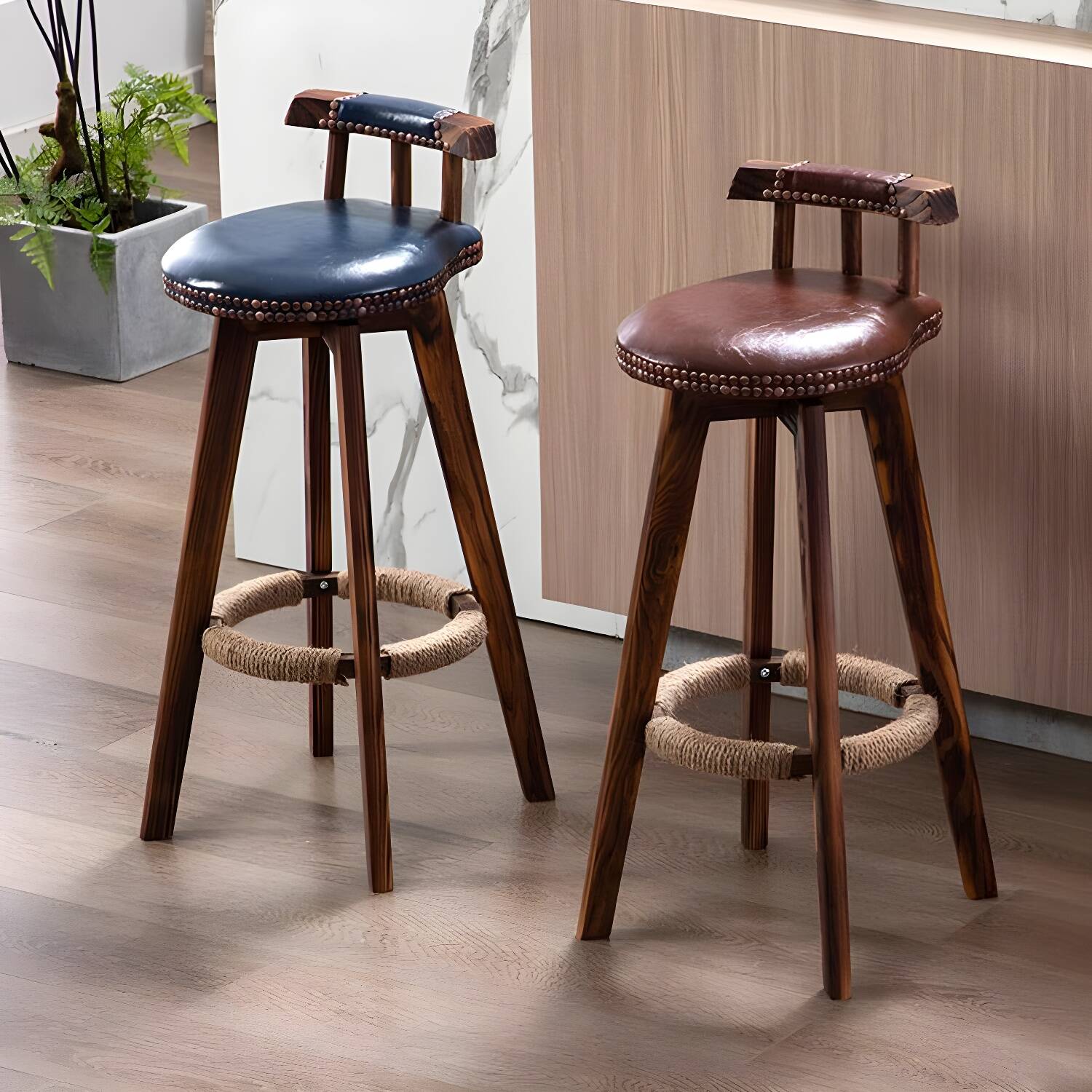 Tradition Backrest Armless Counter Stool Wood Household Bar Stool with Leather Cushion