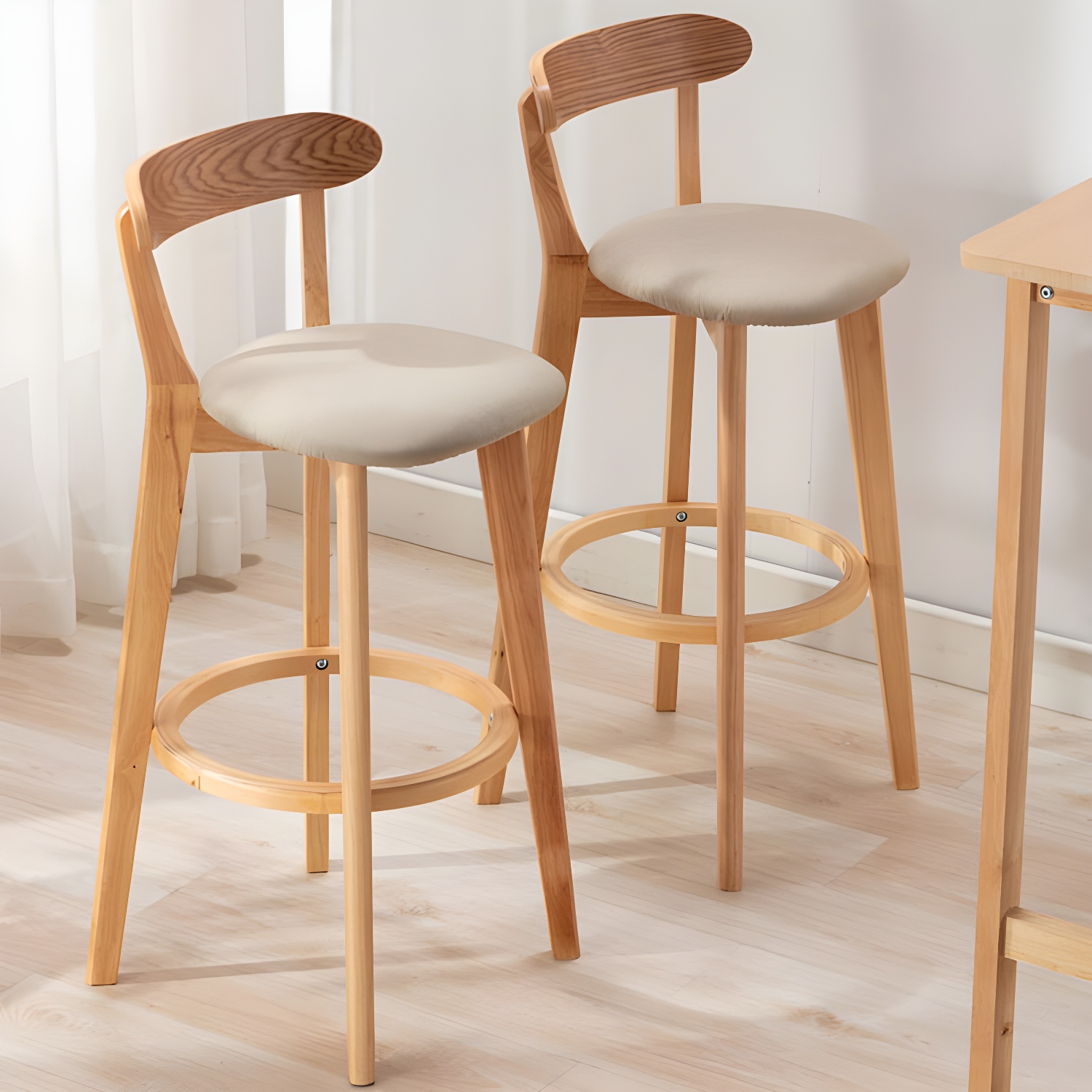 Natural Wood Upholstered Counter Stools Scandinavian Footrest Bar Stools