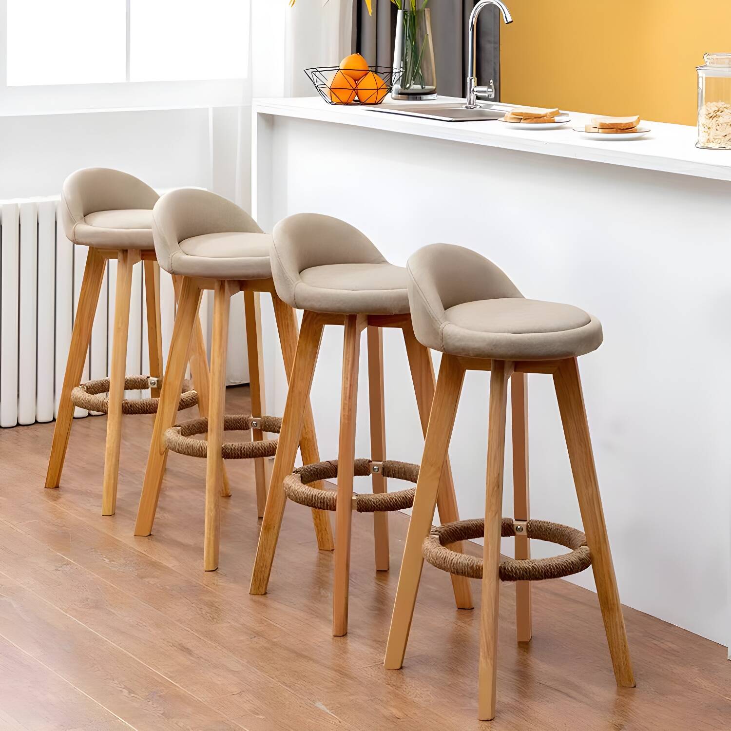 Nordic Indoor Low Back Barstool Swivel Rubberwood Tall Stool with Upholstered