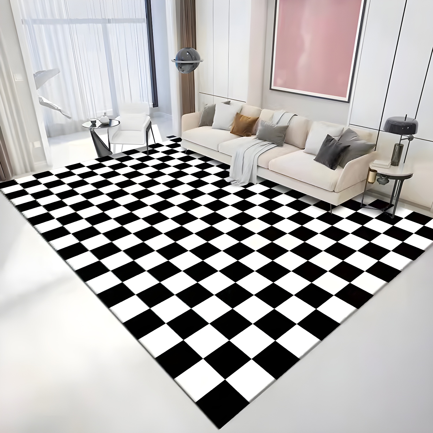 Modern Checkered Geometric Rug Indoor Rug Stain Resistant Non-Slip Backing Rug