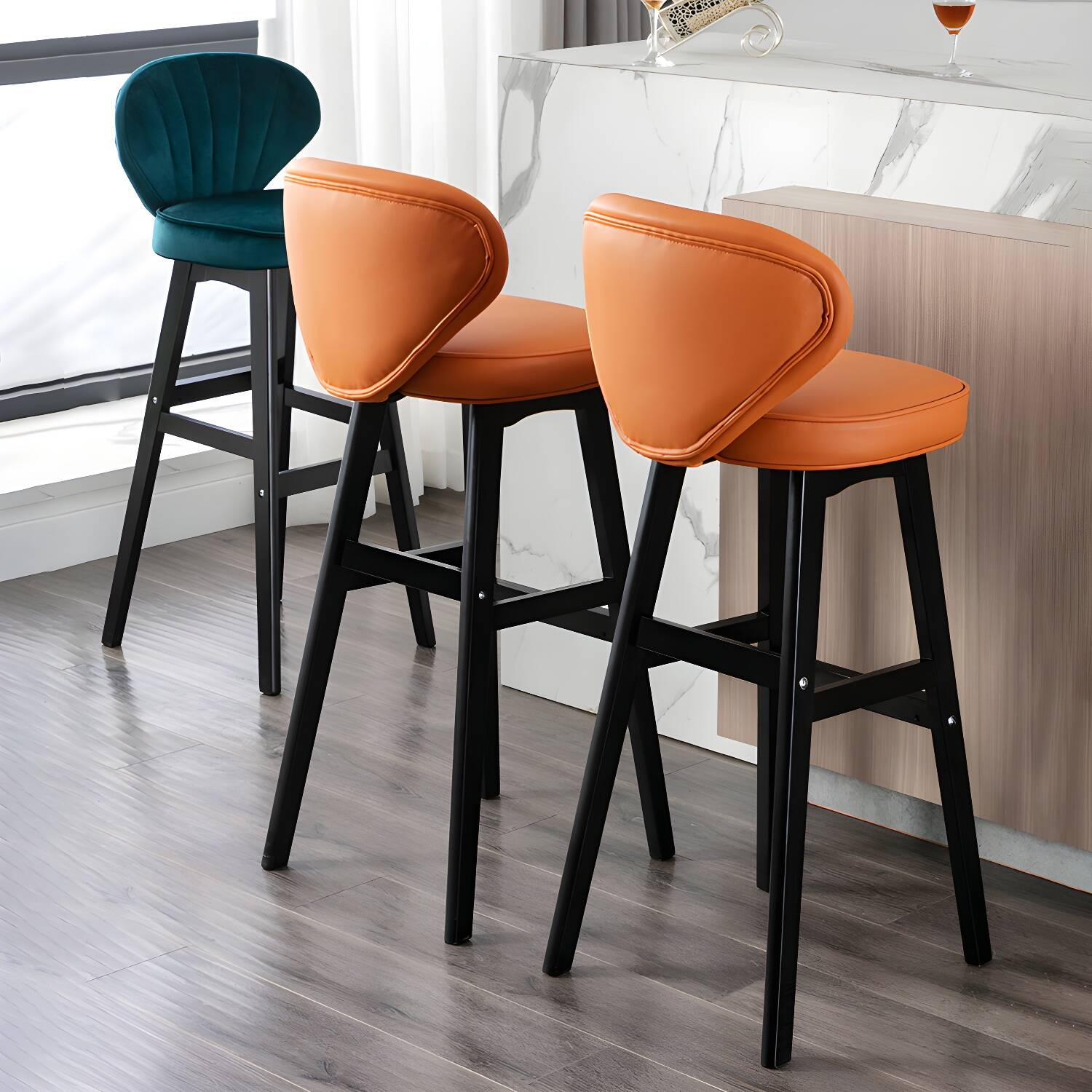 Modern Armless Backrest Counter Stool Kitchen Wood Bar Stool with Cushion and Pedal