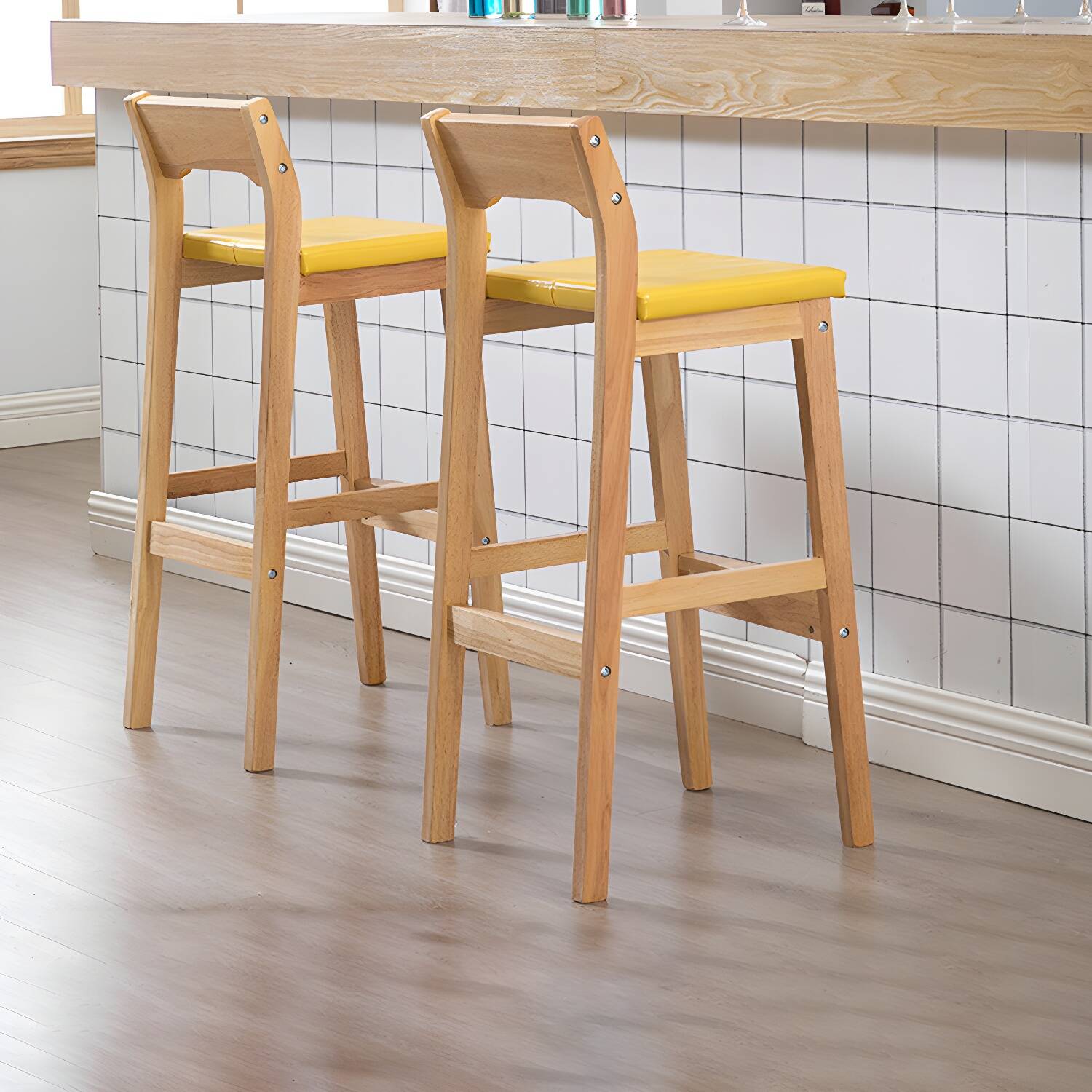 Contemporary Oak Wood Barstool Indoor Bar Stool with Low Back and Footrest
