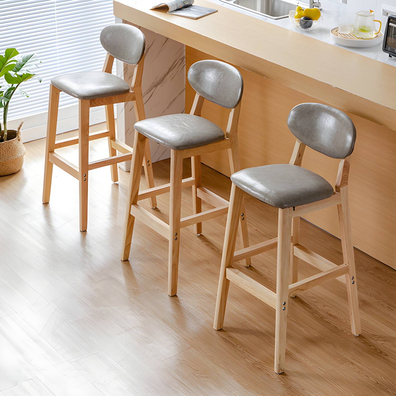 Modern Armless Backrest Counter Stool Wood Bar Stool with Cushion for Kitchen