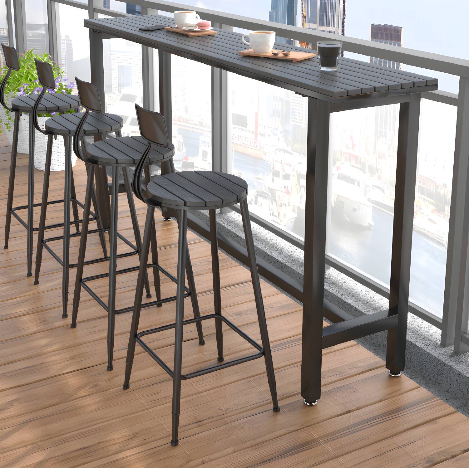 Cafe Footrest Bar Height Table Modern Wood Fixed Table Bistro Bar Table