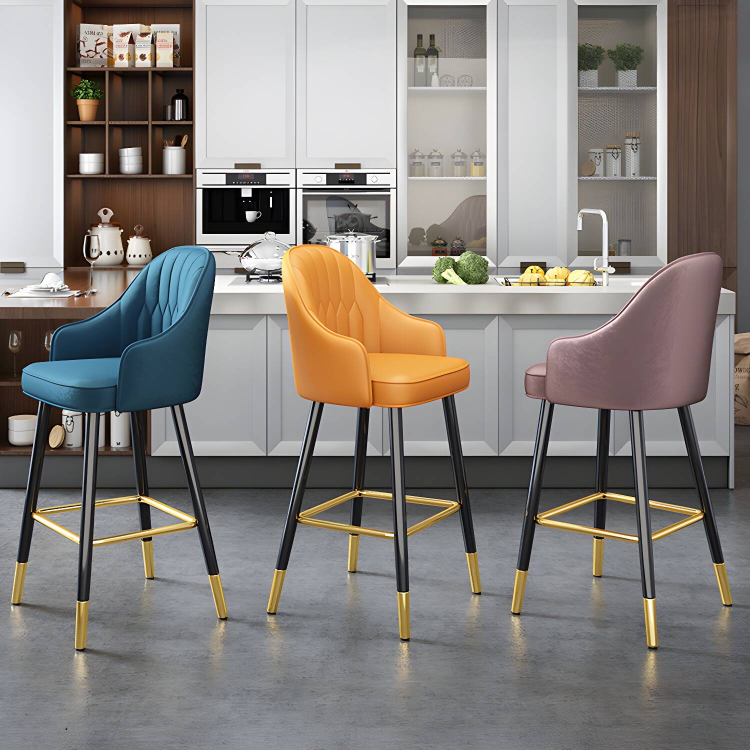 Scandinavia Style Bar-stool Metal Legs Leather Bucket Seat for Kitchen Bar