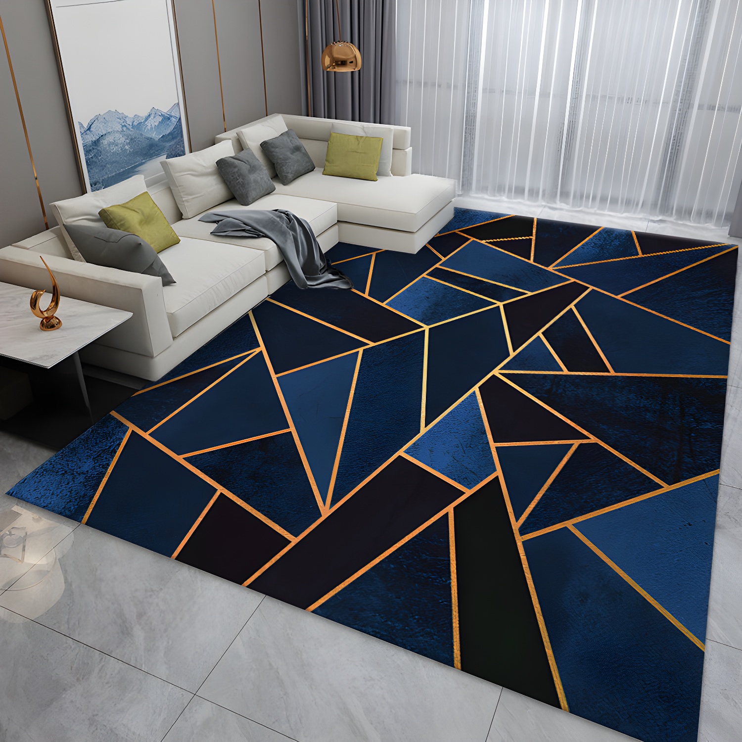 Navy Modern Rug Polyester Geometric Pattern Rug Washable Rug for Living Room