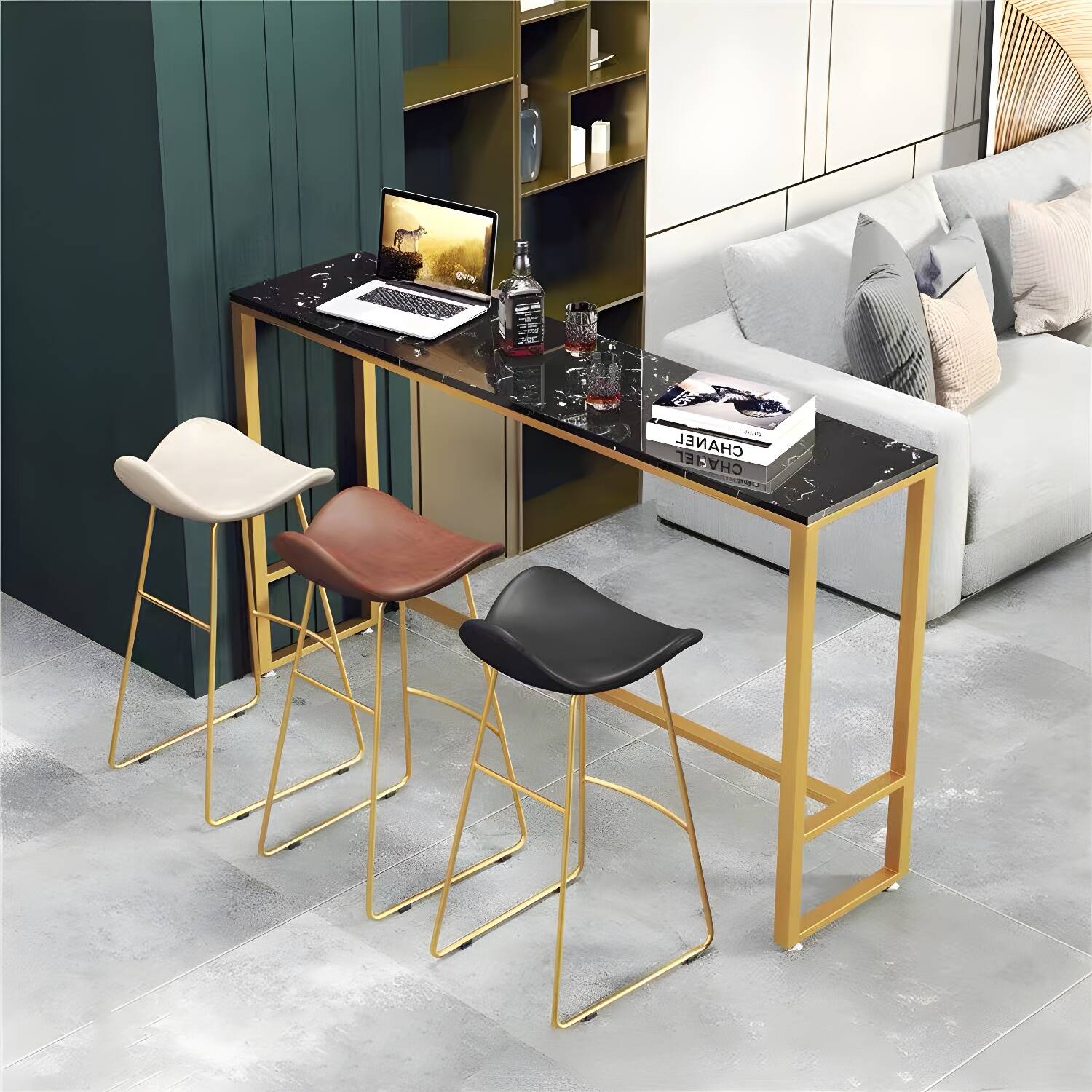 Marble Counter Height Table with Rectangle Table Top Trestle Table - 41.3" H