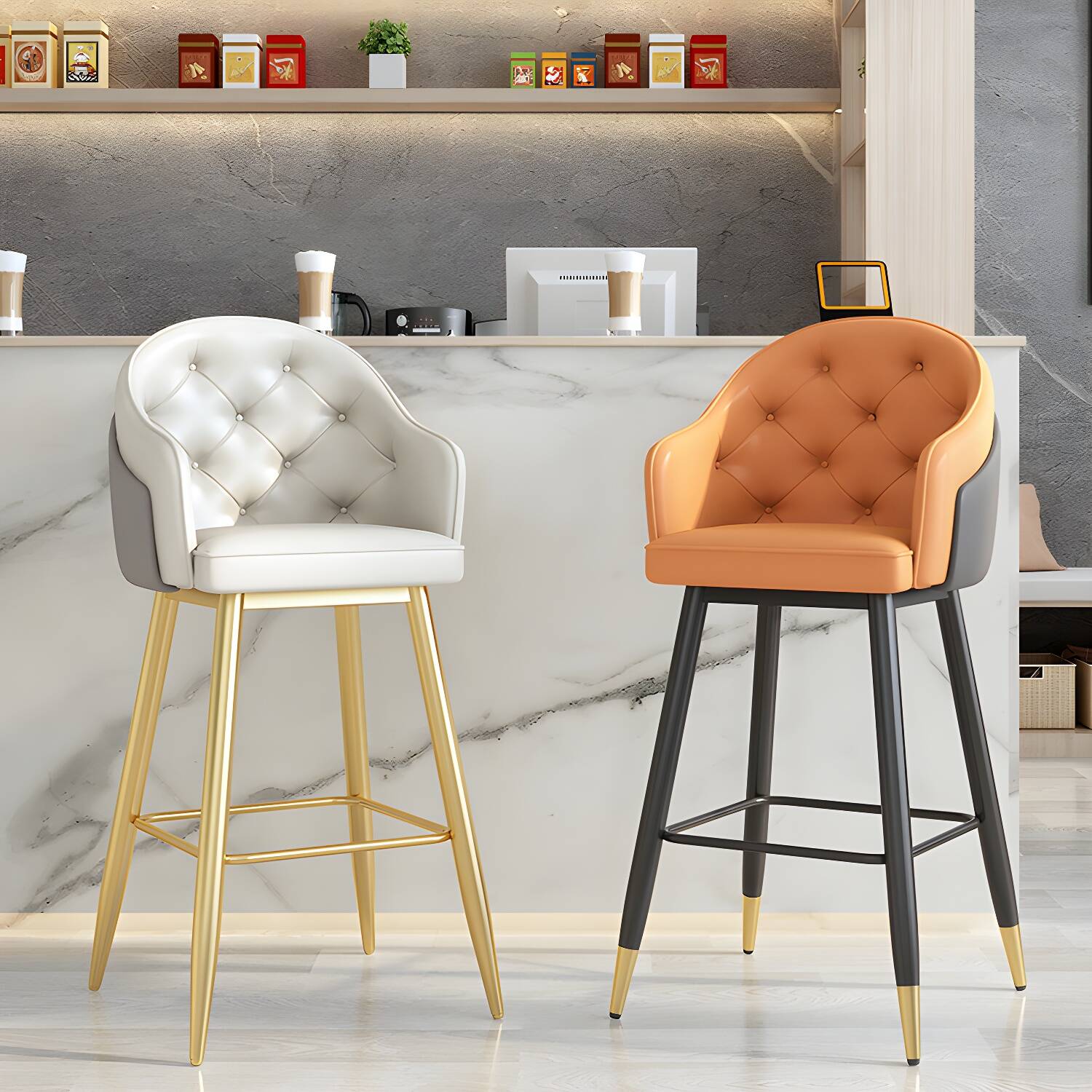 Glam Restaurant Leather Stool Matte Finish Footrest Armed Barstool