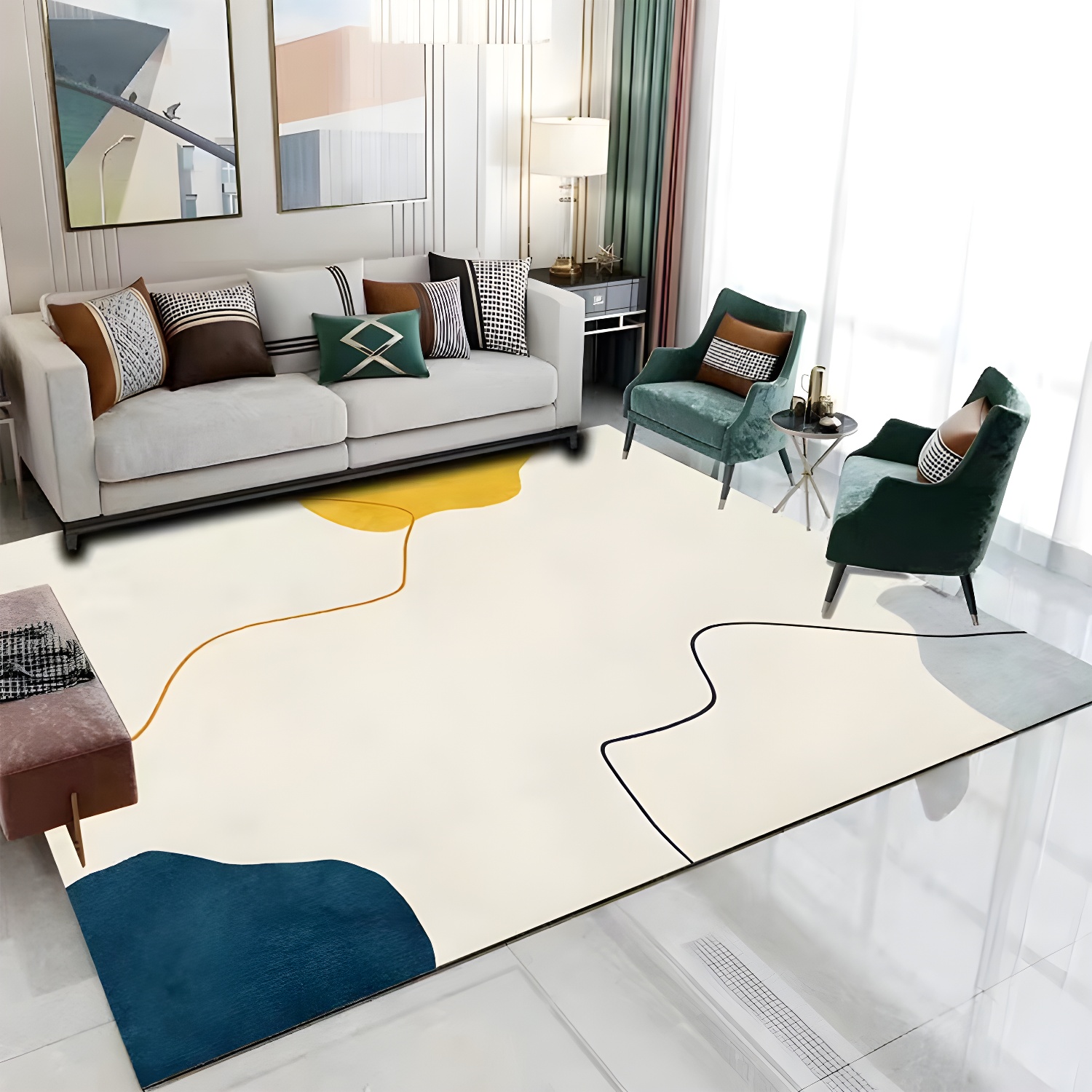 Grey Colour Block Rug Polyester Nordic Rug Washable Rug for Drawing Room