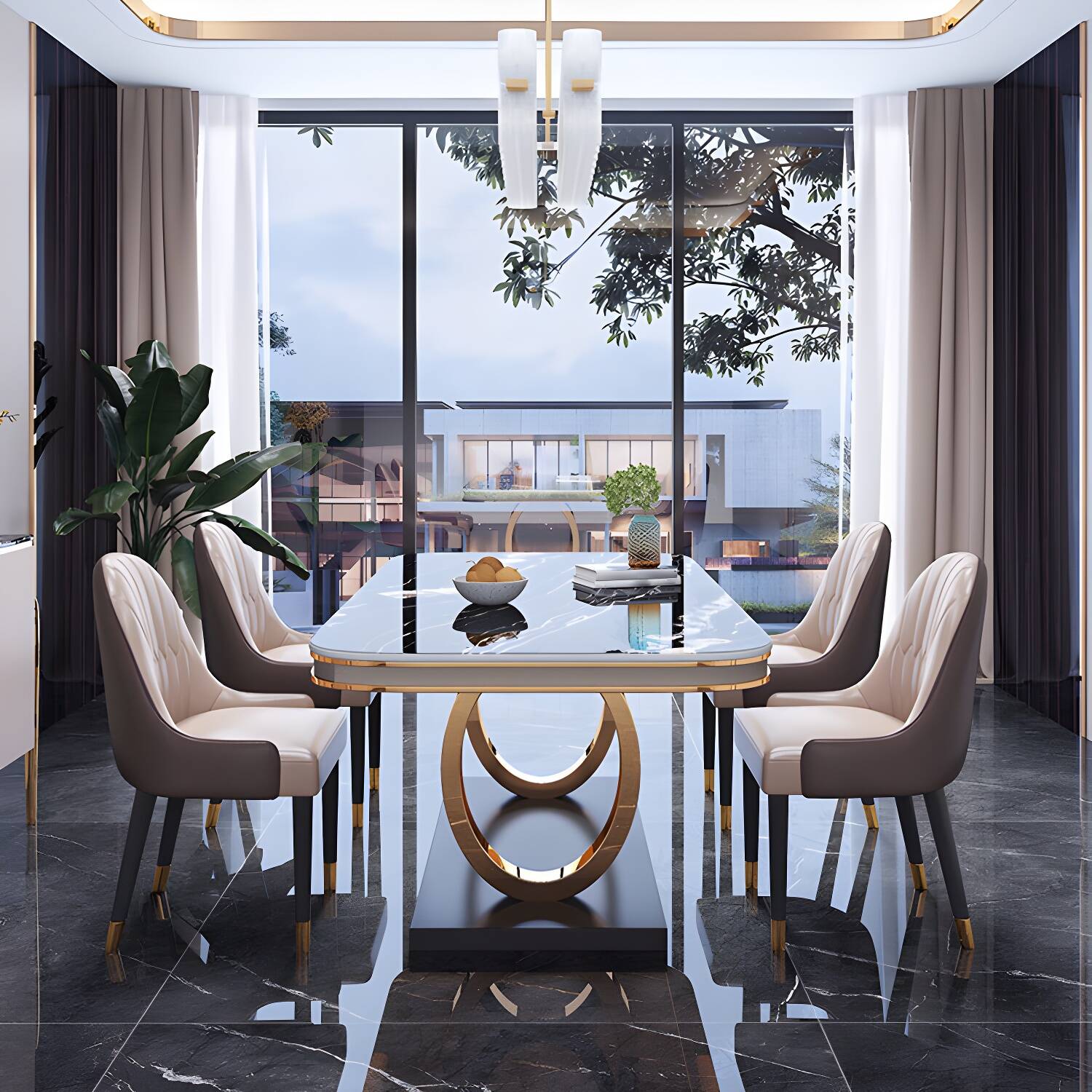 Stone Top Dining Table Traditional Luxury Table with Pedestal Base in Gold