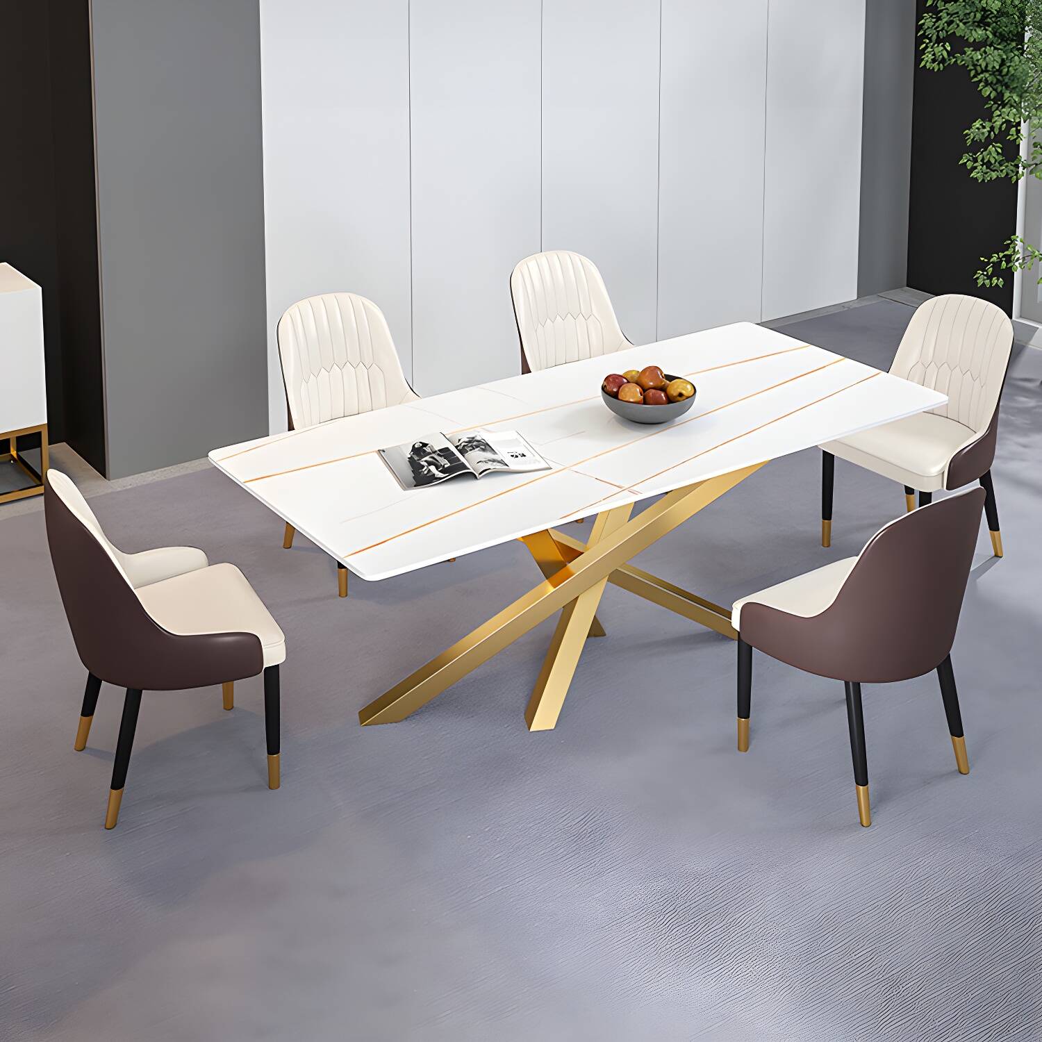 Luxury Sintered Stone Top Dining Table Rectangle Table with Metal Pedestal