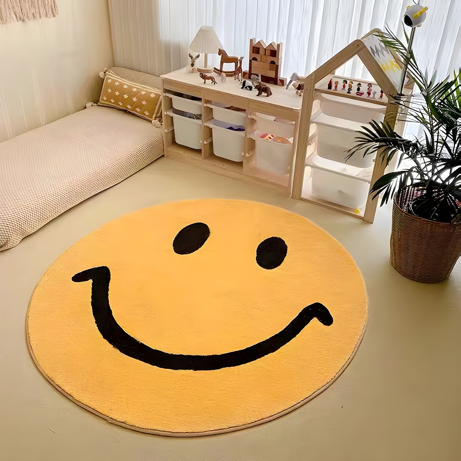 Flower Shape Smiling Face Aesthetic Soft Rug Stain Resistant Loom Rug for Bedroom