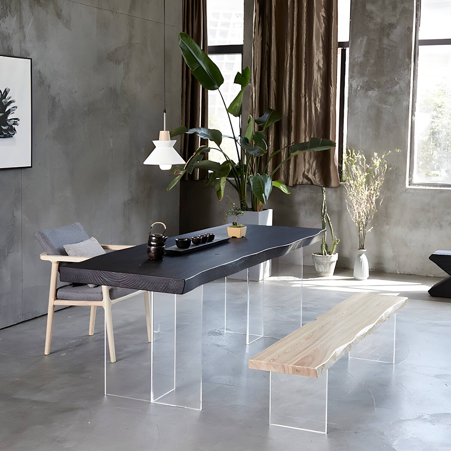 Black Modern Double Pedestal Table Rectangle Pine Solid Wood Top Dining table