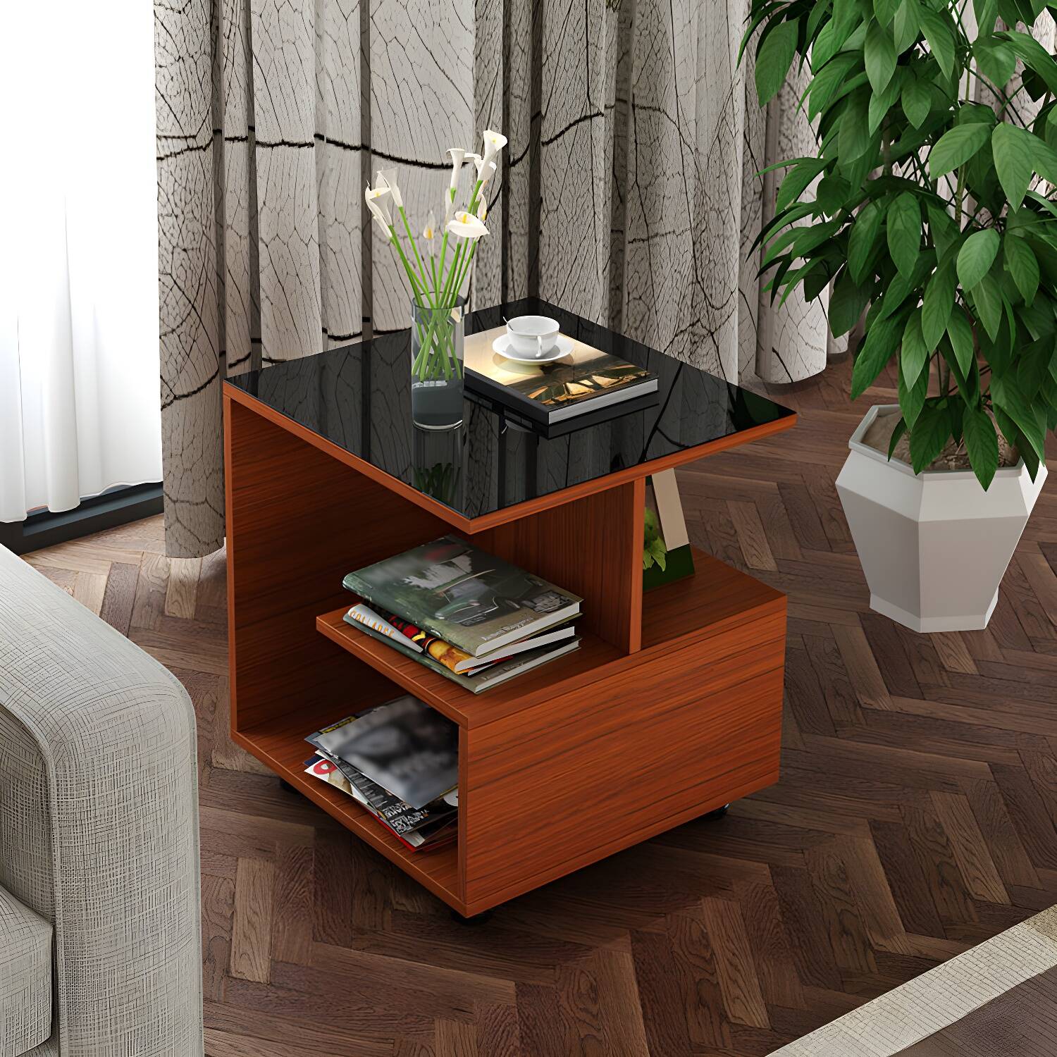 Transitional Square Glass Top End Table Portable Sofa Side Table with Shelves