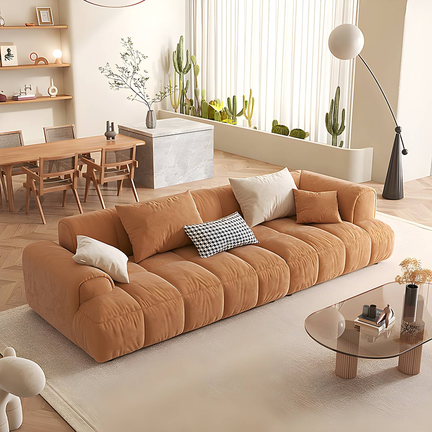 Velvet Round Arm Sectionals 24.8"High Tight Back Sofa with 4 Pillows