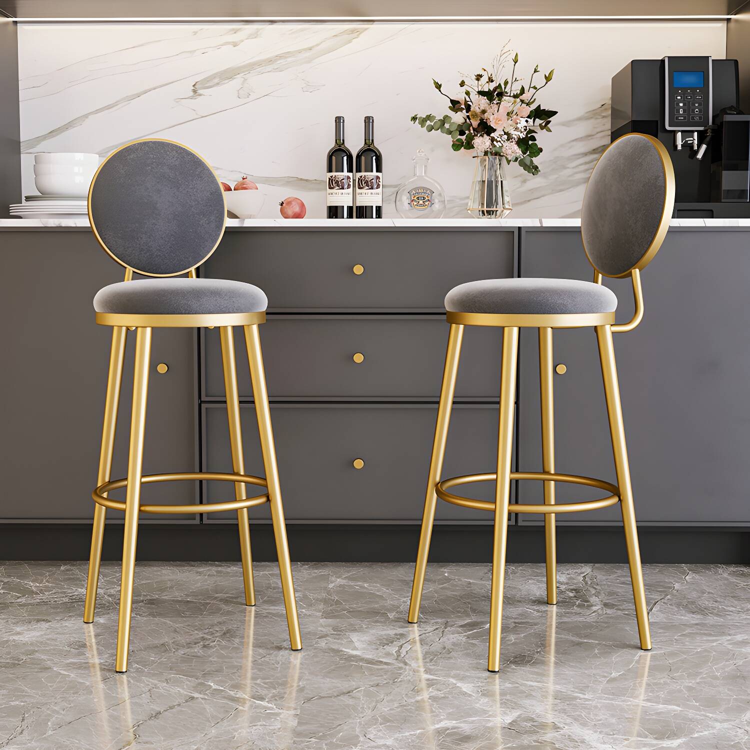 Glam Armless Backrest Counter Stool Iron Kitchenr Bar Stool with Velvet Cushion and Pedal