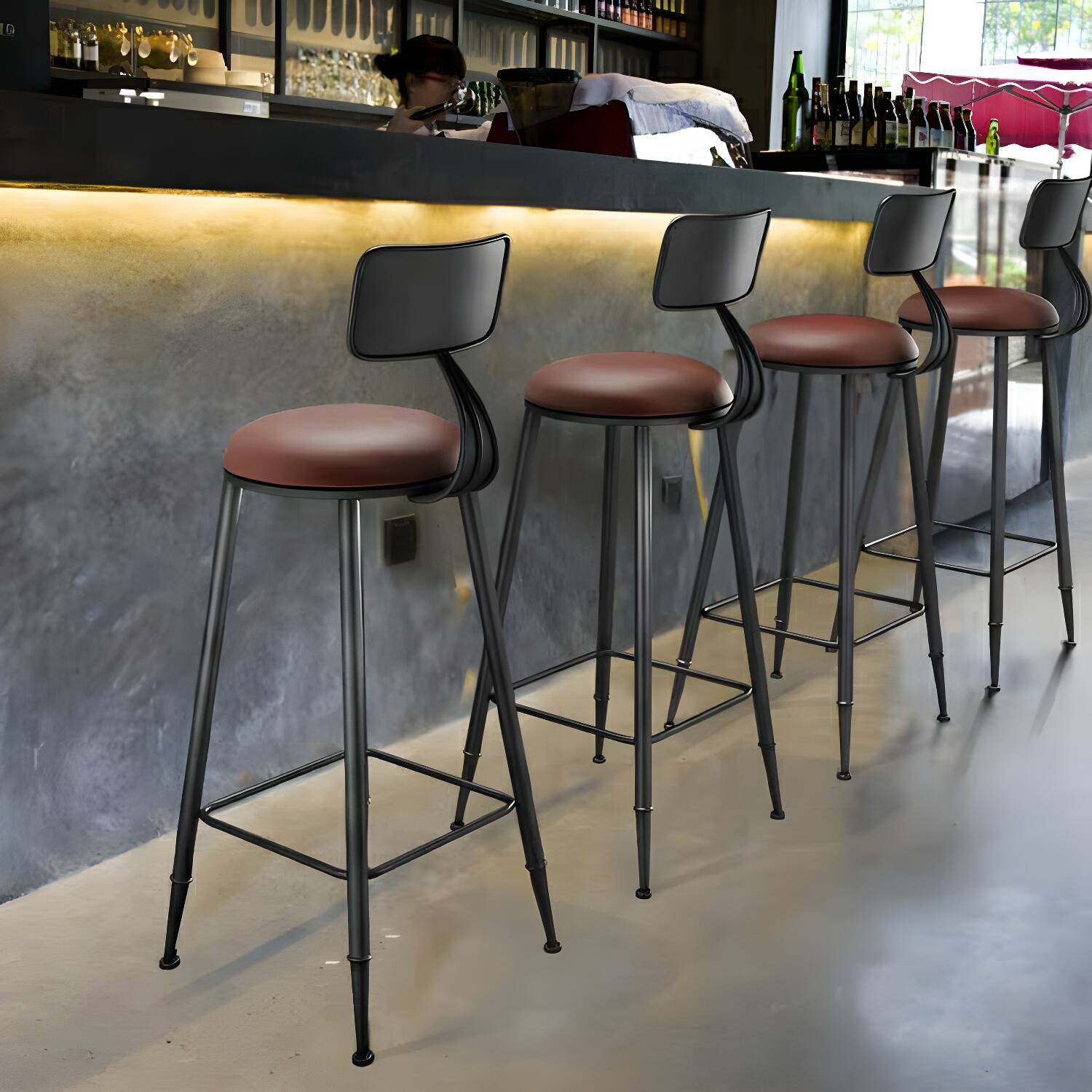 Industrial Armless Backrest Counter Stool Steel Cafe Bar Stool with Velvet Cushion