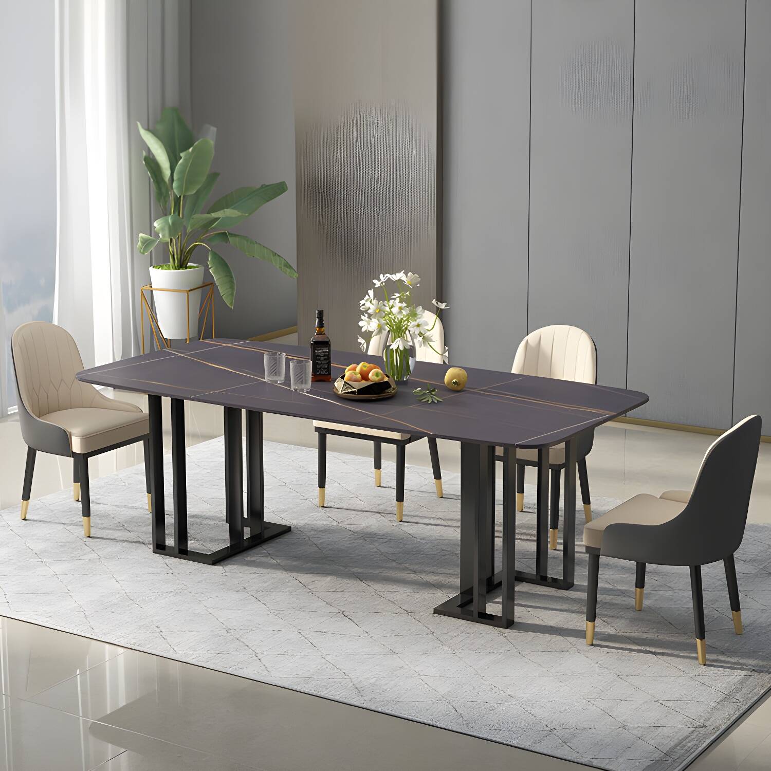 Traditional Luxury Dining Table White and Black Marble Rectangle Dining Table for Home