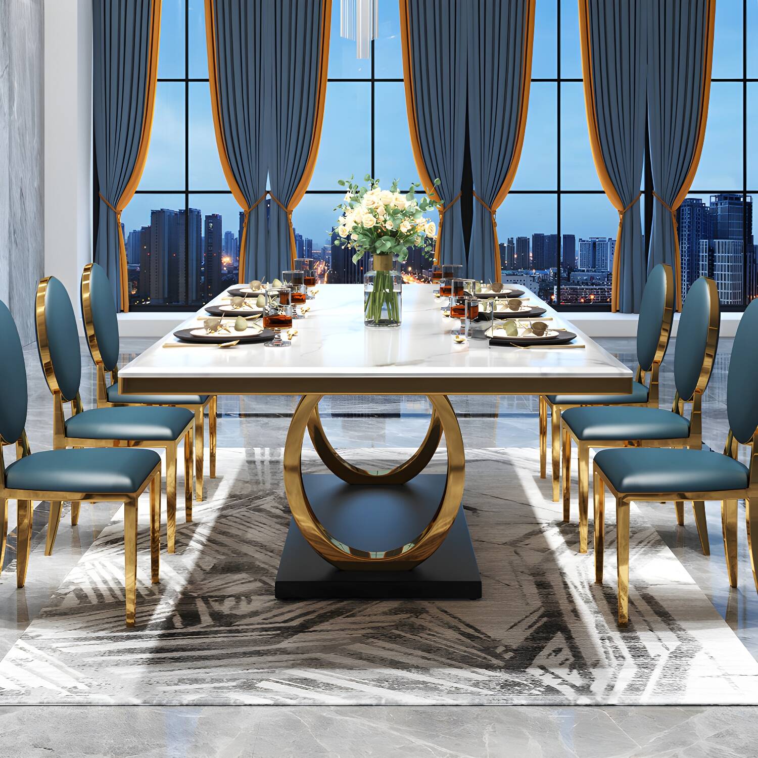 White Stone Top Table Luxury Rectangle Gold Base Dining Table