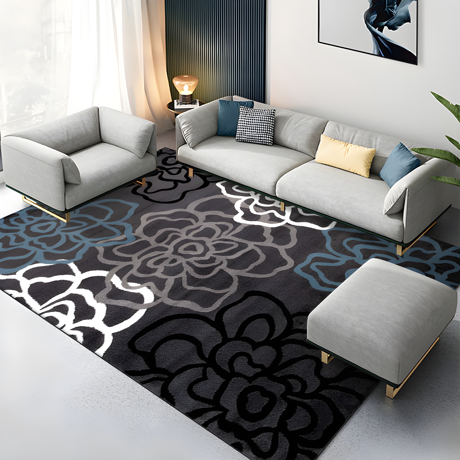 Black Abstract Striped Rug Polyester Modern Rug Stain Resistant Rug for Living Room