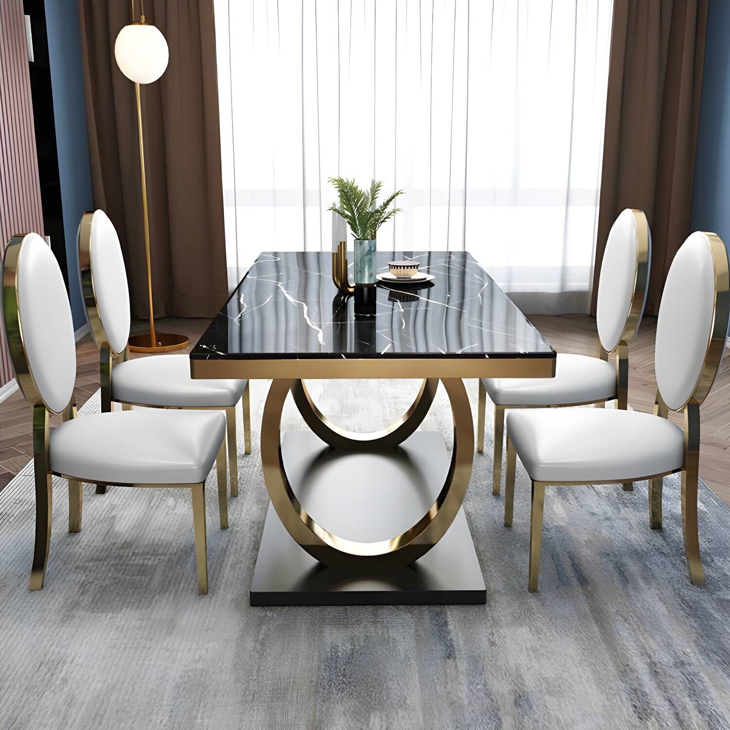 Traditional Luxury Rectangle Dining Table Marble and Metal Gold Base Table
