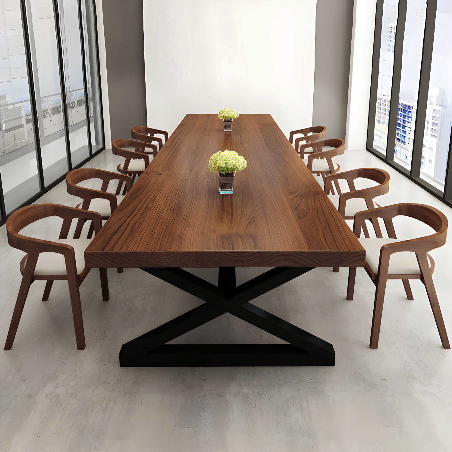 Solid Wood Industrial Meeting Desk Rectangle Fixed Writing Table