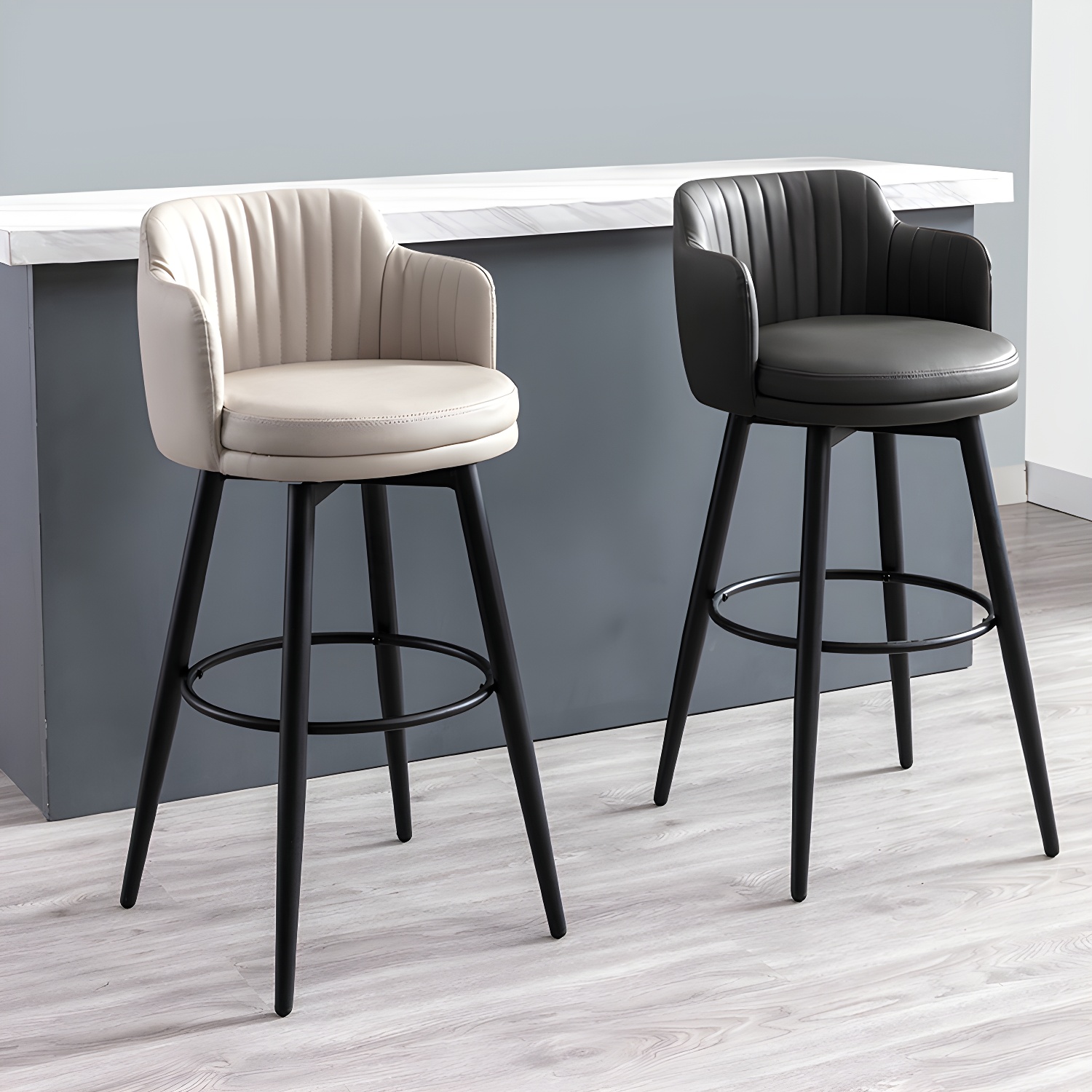 Modern Reception Armed Swivel Stool Matte Finish Leather Barstool