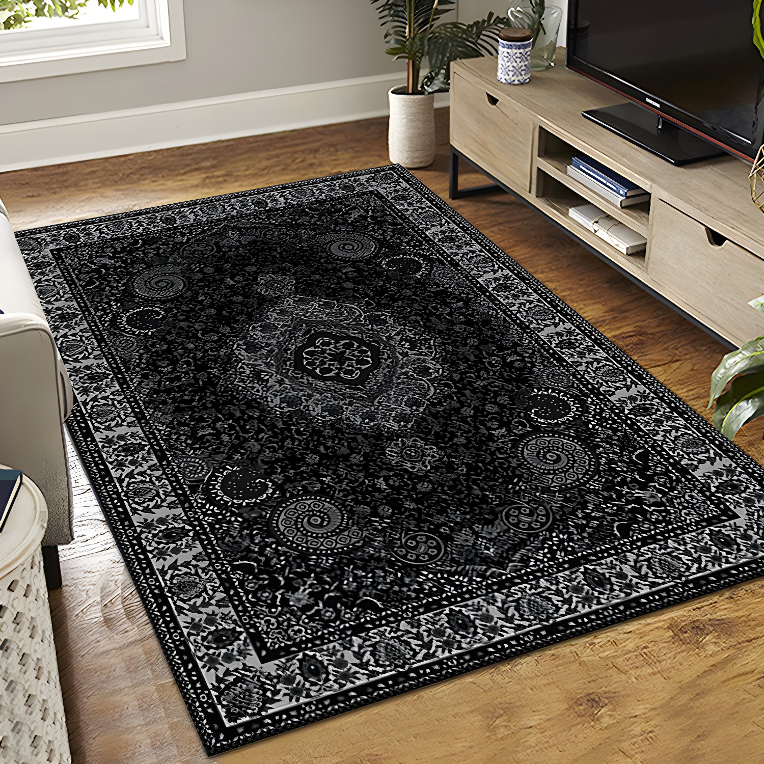Dark Gray Bohemia Rug Polyester Graphic Rug Stain Resistant Rug for Living Room