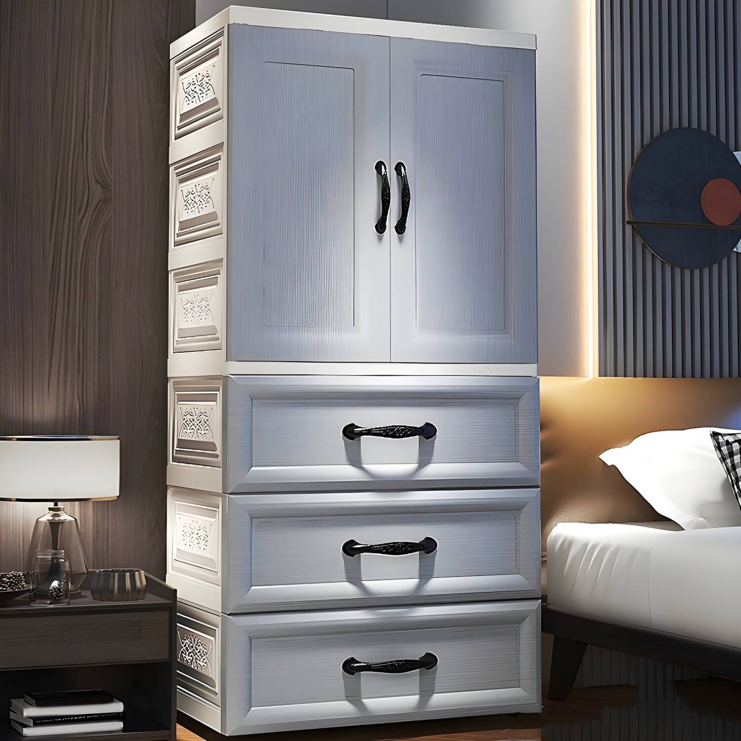 White Modern 2-door Wardrobe Armoire with Drawers Plastic Wardrobe