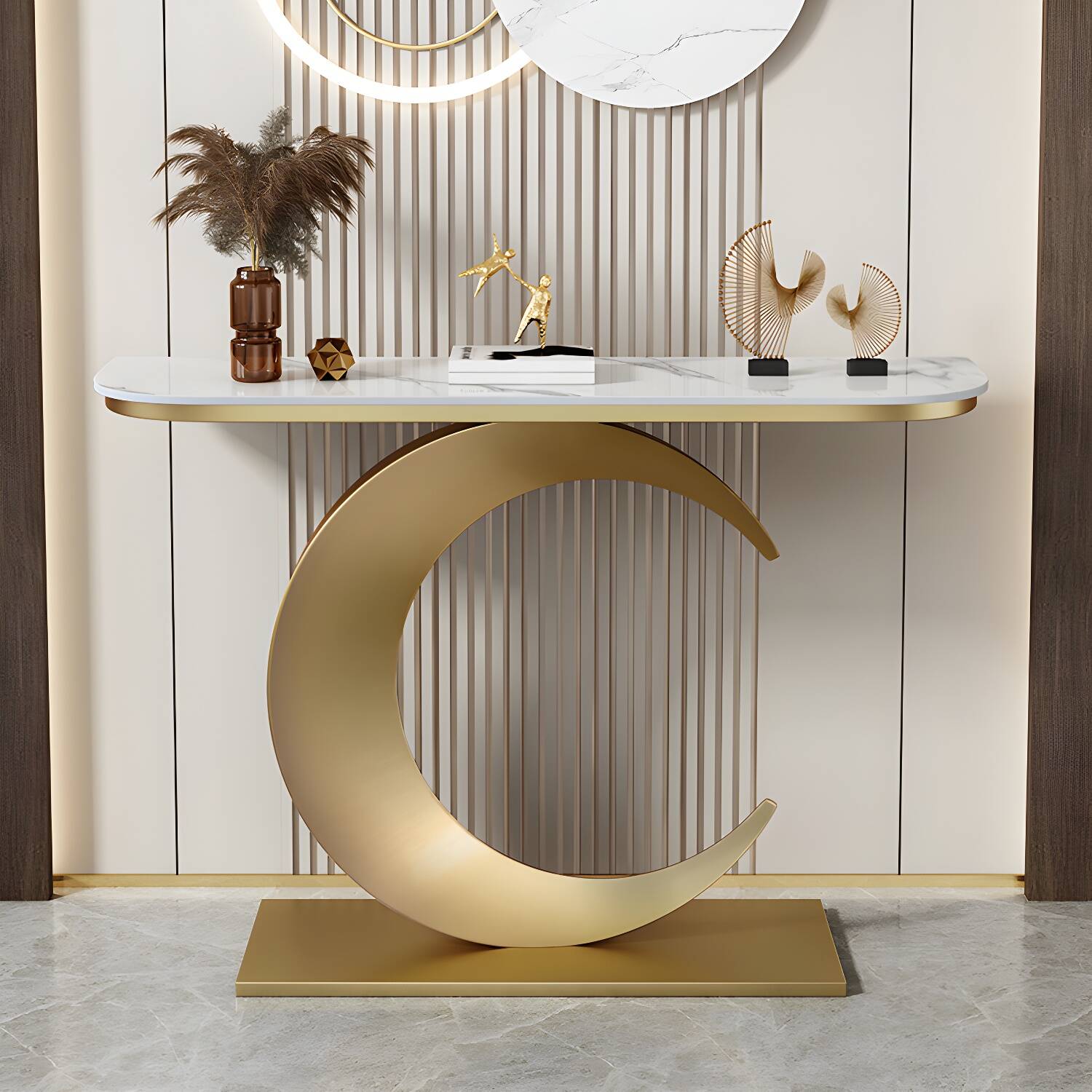 Abstract Glam Slate/metal Half Moon Stain Resistant Console Table for Hall