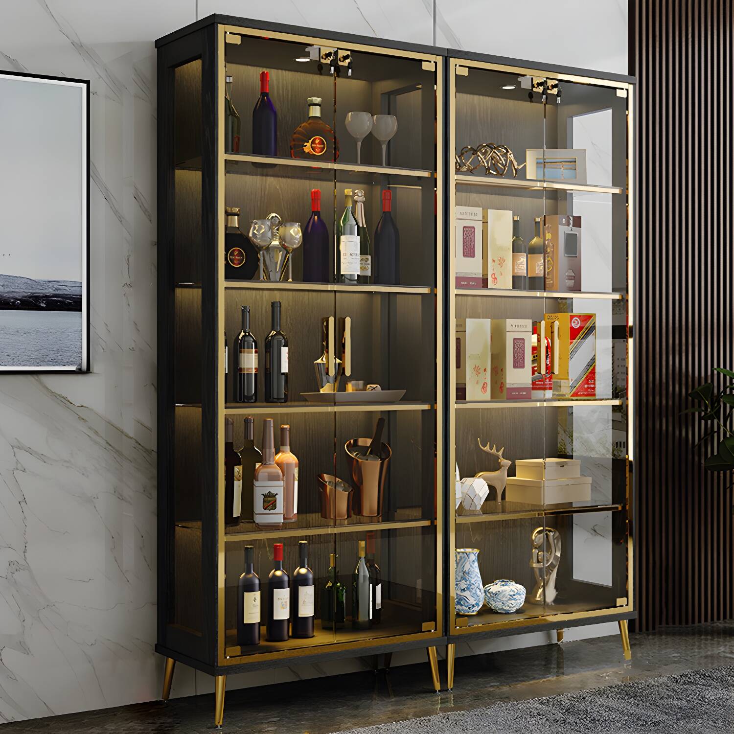 Glam Display Stand Black/Walnut Finish Display Cabinet with Glass Locking Doors