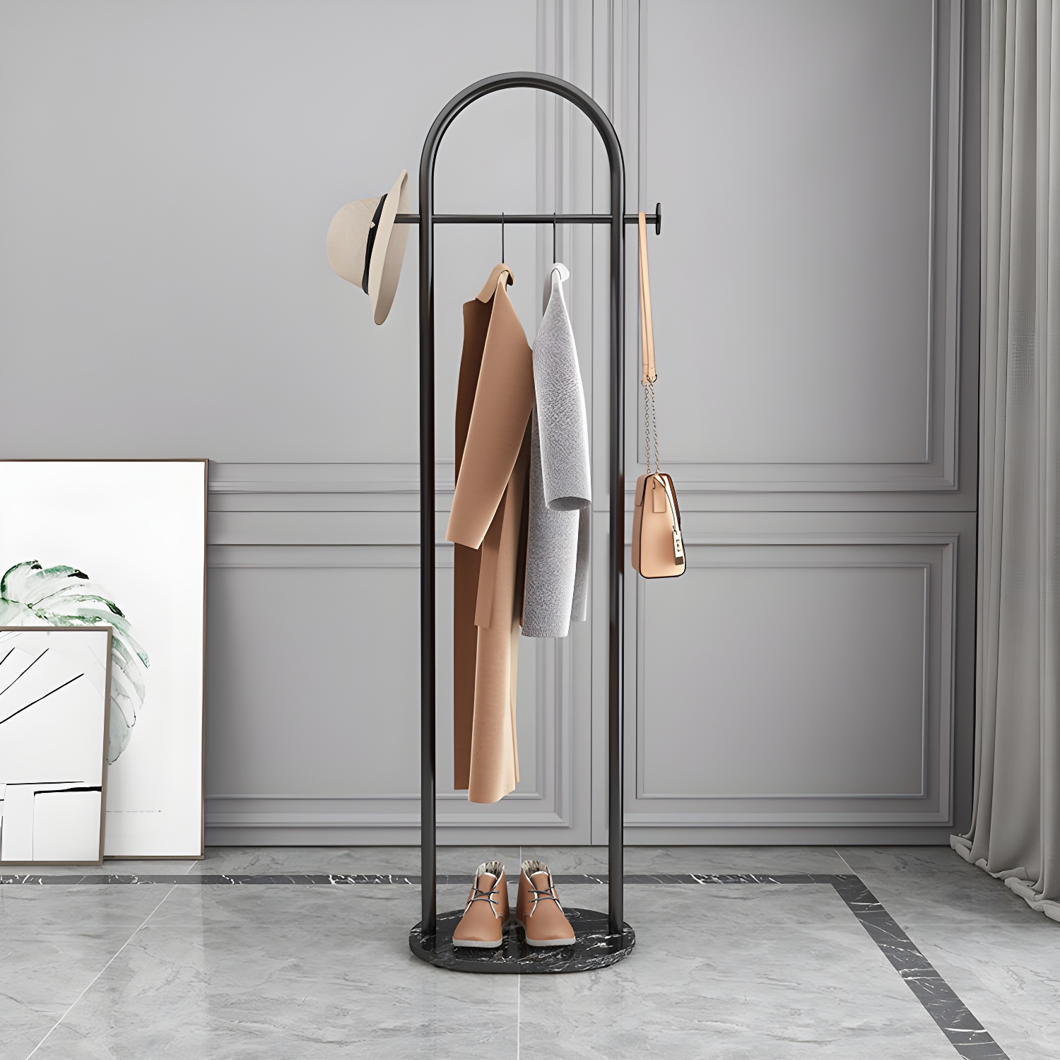 Contemporary Metal Coat Rack Marble Bottom Entryway Coat Hanger