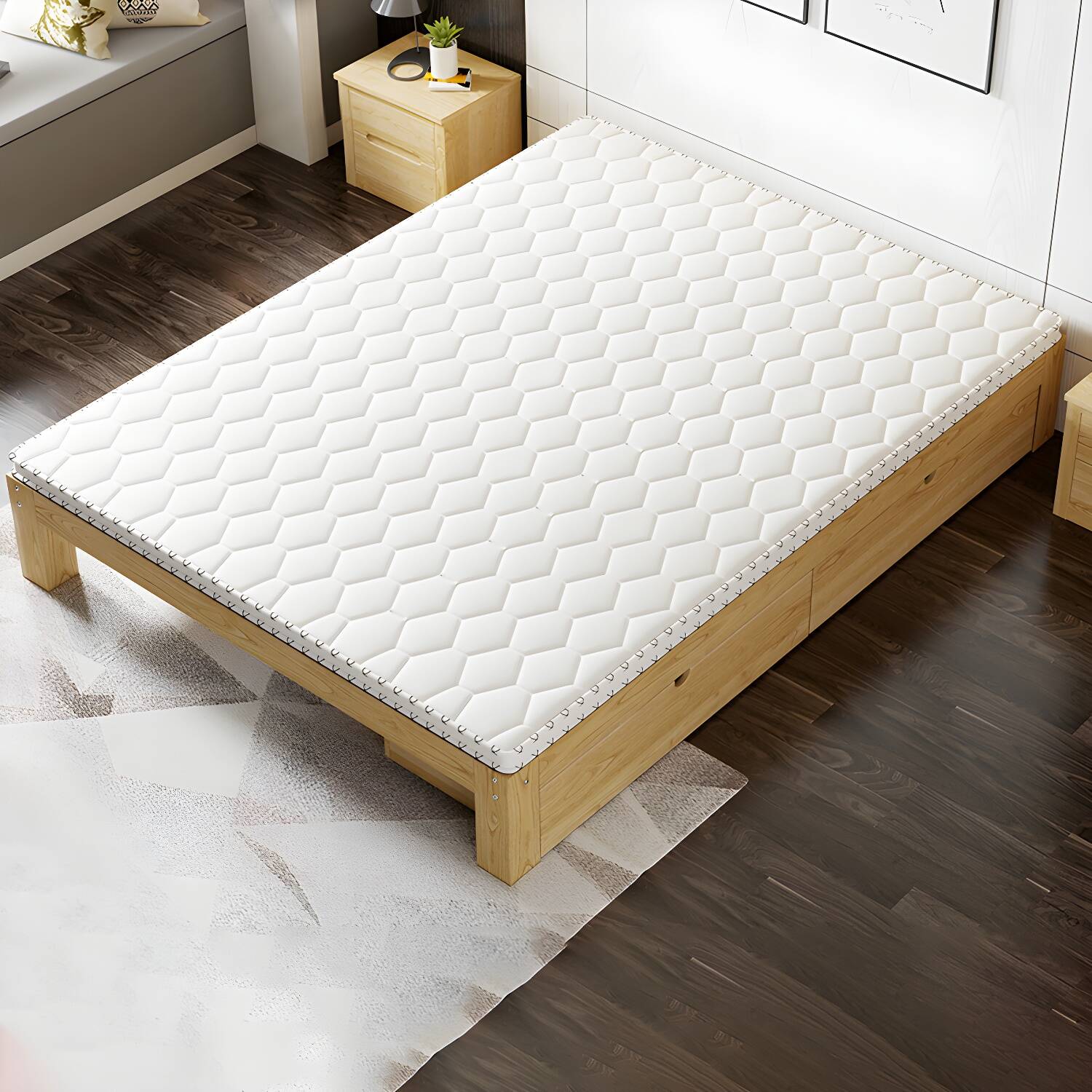 Scandinavian Solid Wood Bed Frame 11.81" Tall Bed with 2 Drawers