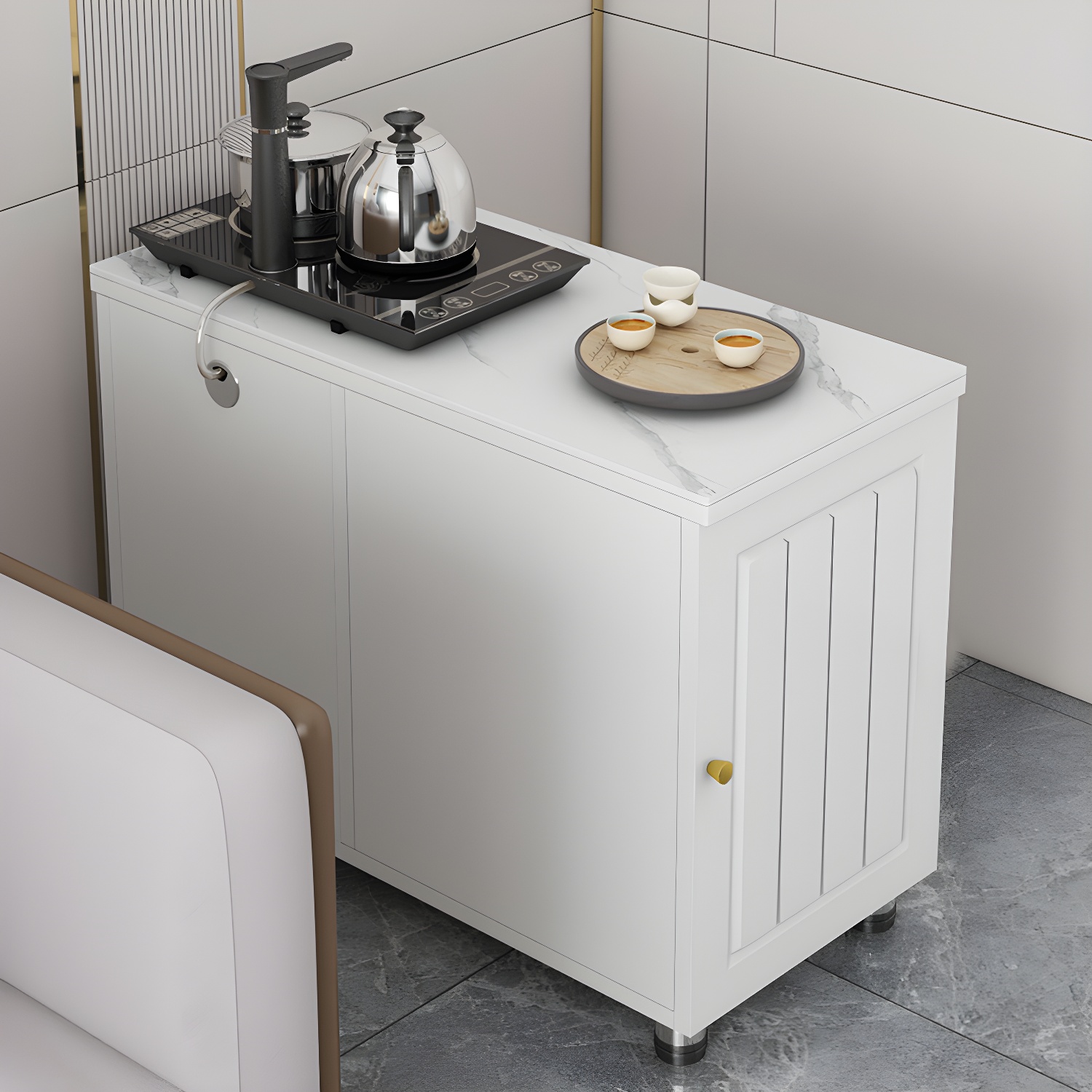 Rectangular Stone Side Table 24.41" Tall 2-Door End Table with Storage