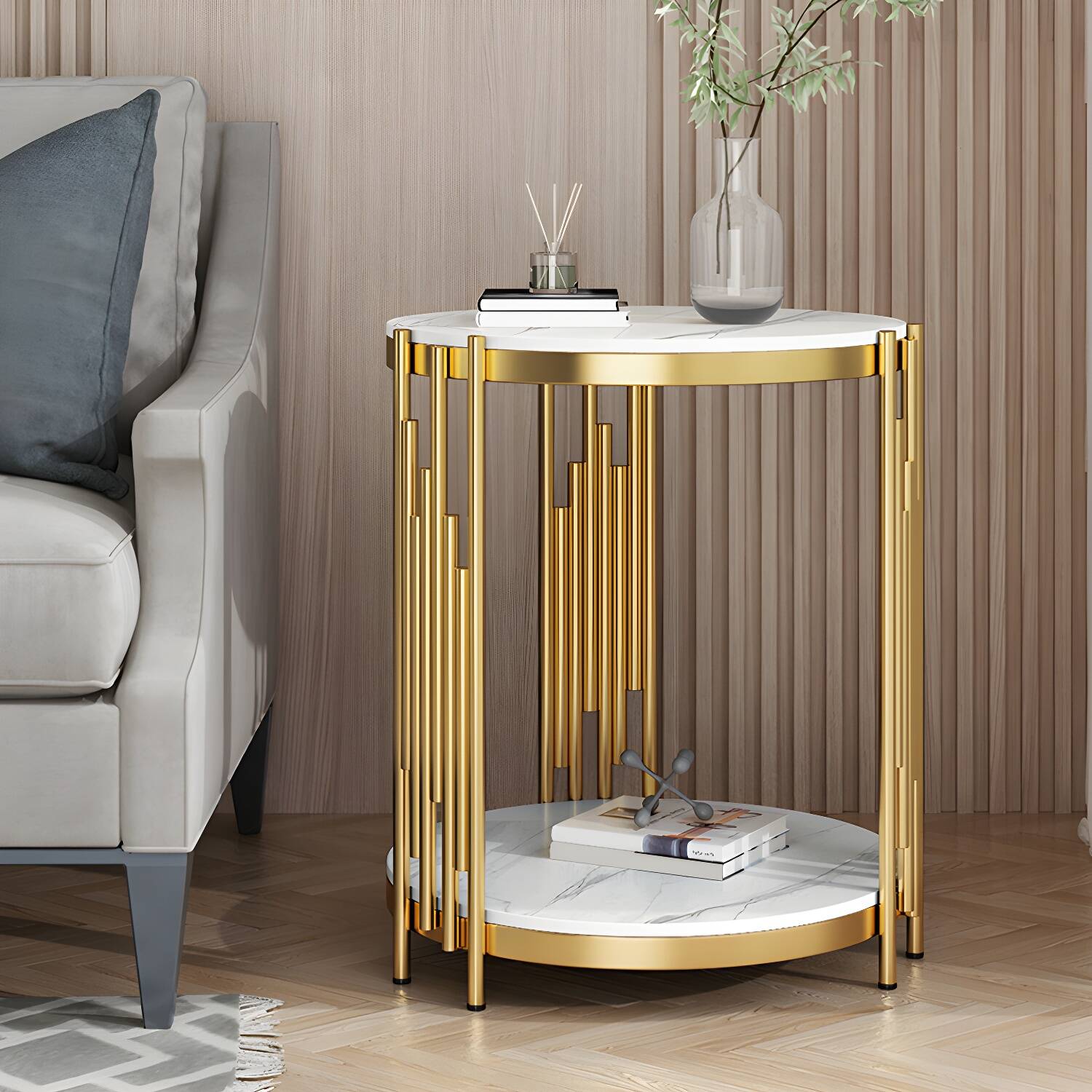 Contemporary Metal Frame End Table Round Slate Side End Table