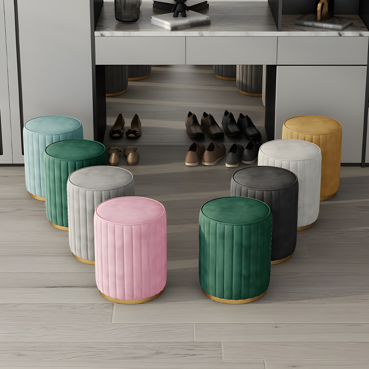 Glam Velvet Pouf Chair Tear Resistant Cylinder Shape Gold Base Ottoman Stool