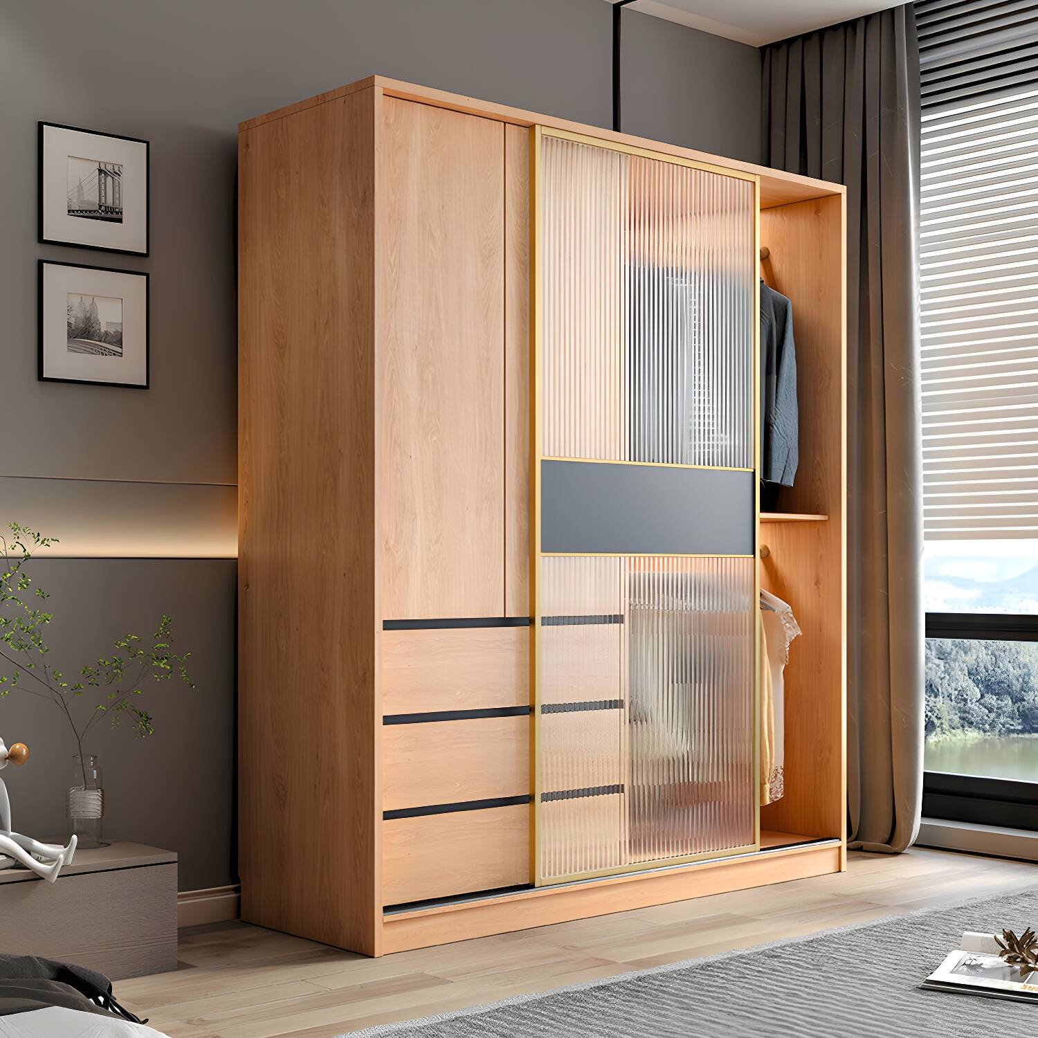 Sliding Engineered Wood Wardrobe Closet Modern Wardrobe Cabinet