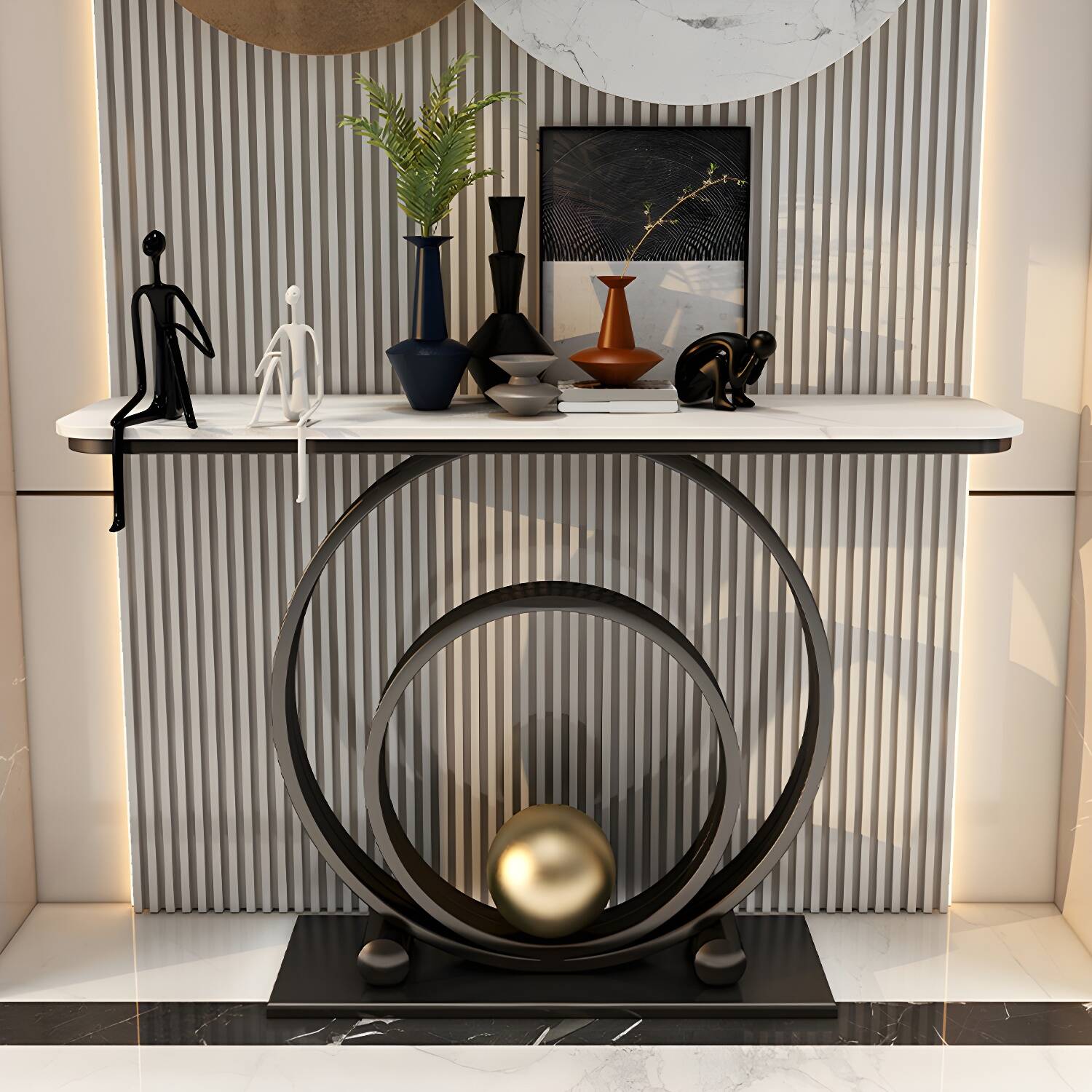 Glam Style Rectangle Top Accent Table with Stone Top and Irone Base for Hall