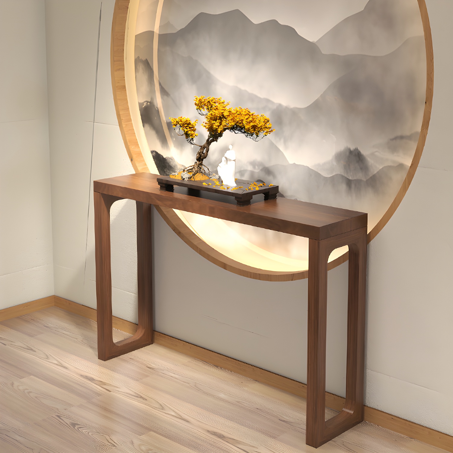 Mid-Century Modern Sofa Table Rectangle Sled Pine Dark Brown Console Table